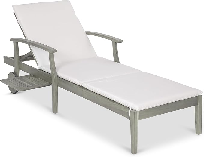 Acacia Wood Outdoor Chaise Lounge Chair with Slide-Out Side Table