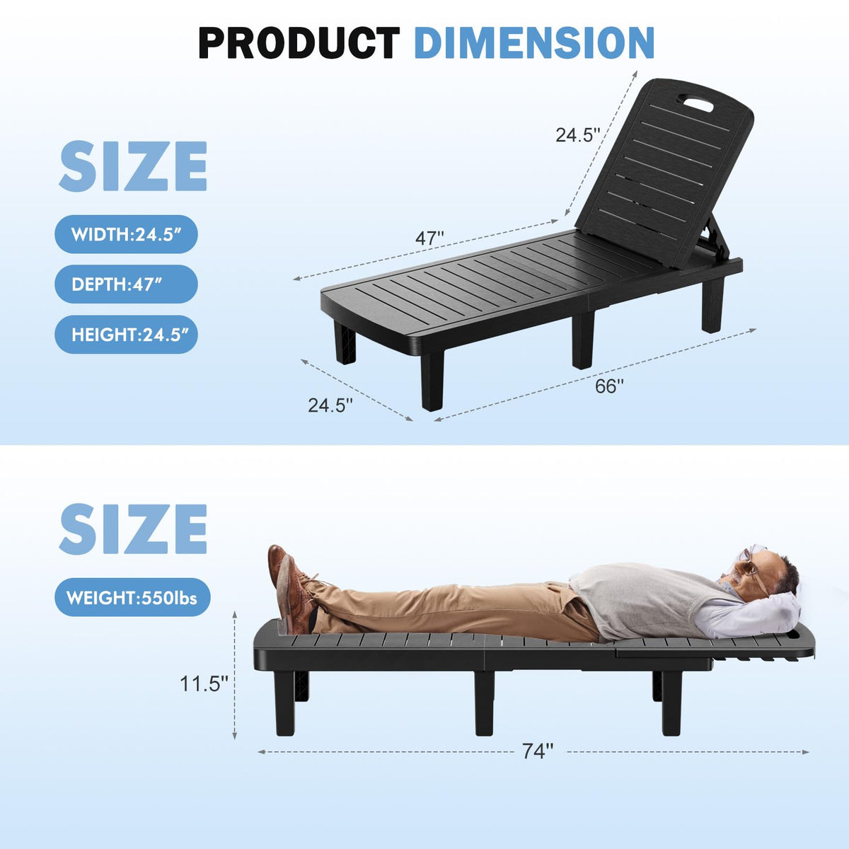 WACASA Outdoor Chaise Lounge Chairs Set of 2, Oversized Lounge Chairs with 5-Level Adjustable Backrest & Cup Holder, Resin Waterproof Pool Lounge Chair for Poolside, Patio, Beach, Yard, Black
