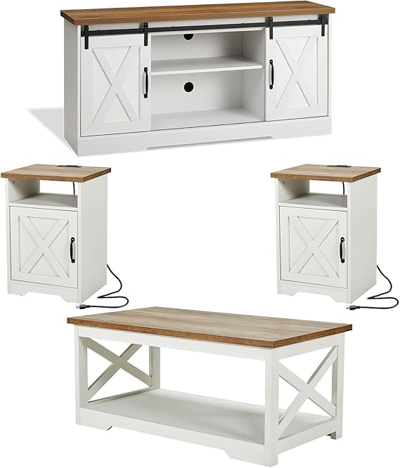 4-Piece Farmhouse Living Room Table Set with Charging Station