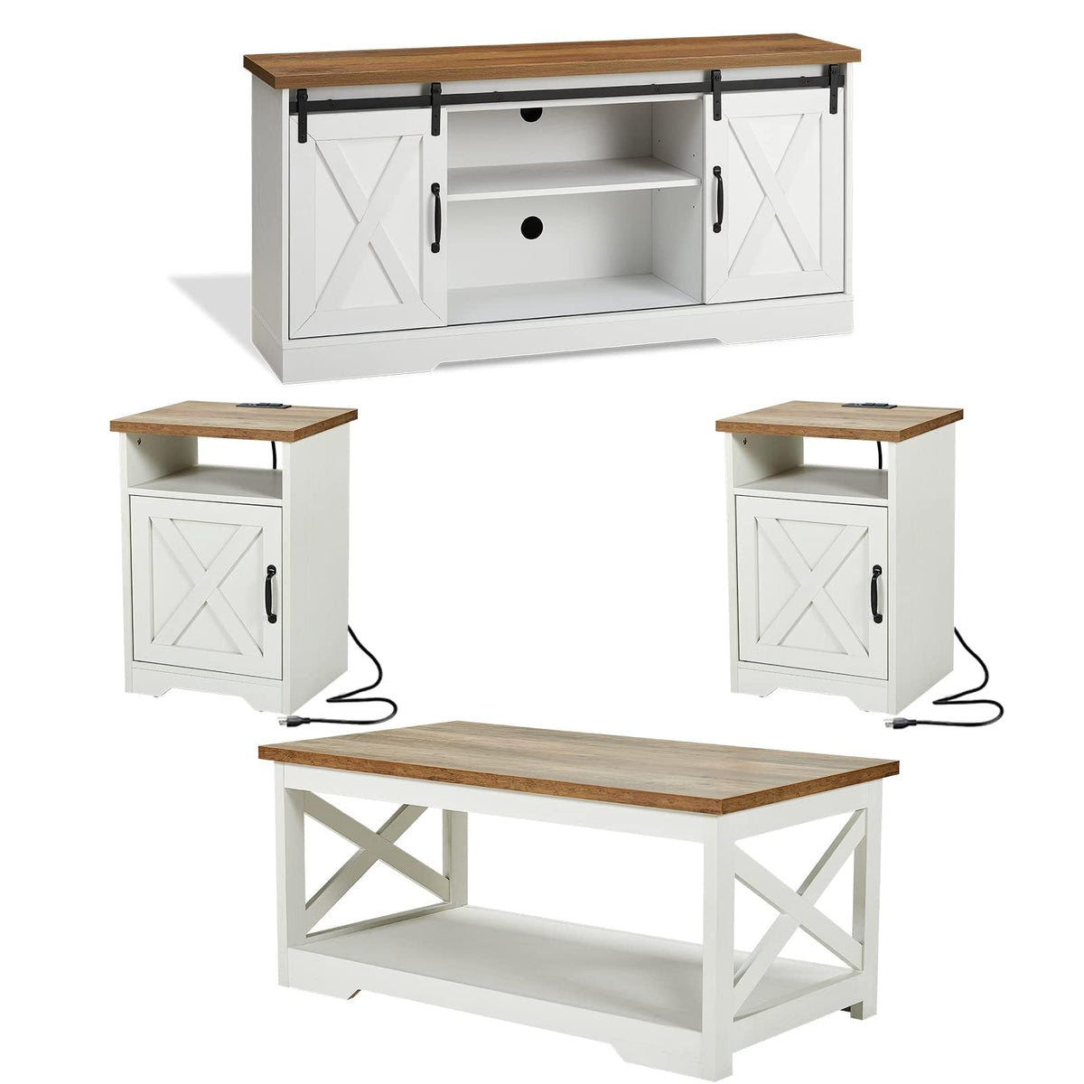 AMERLIFE 4 Piece Farmhouse Table Set with 66" TV Stand, Distressed White