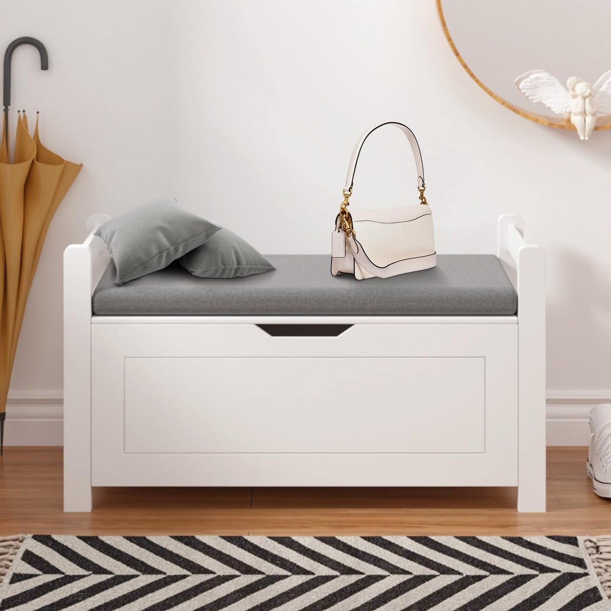 White Cushioned Storage Bench