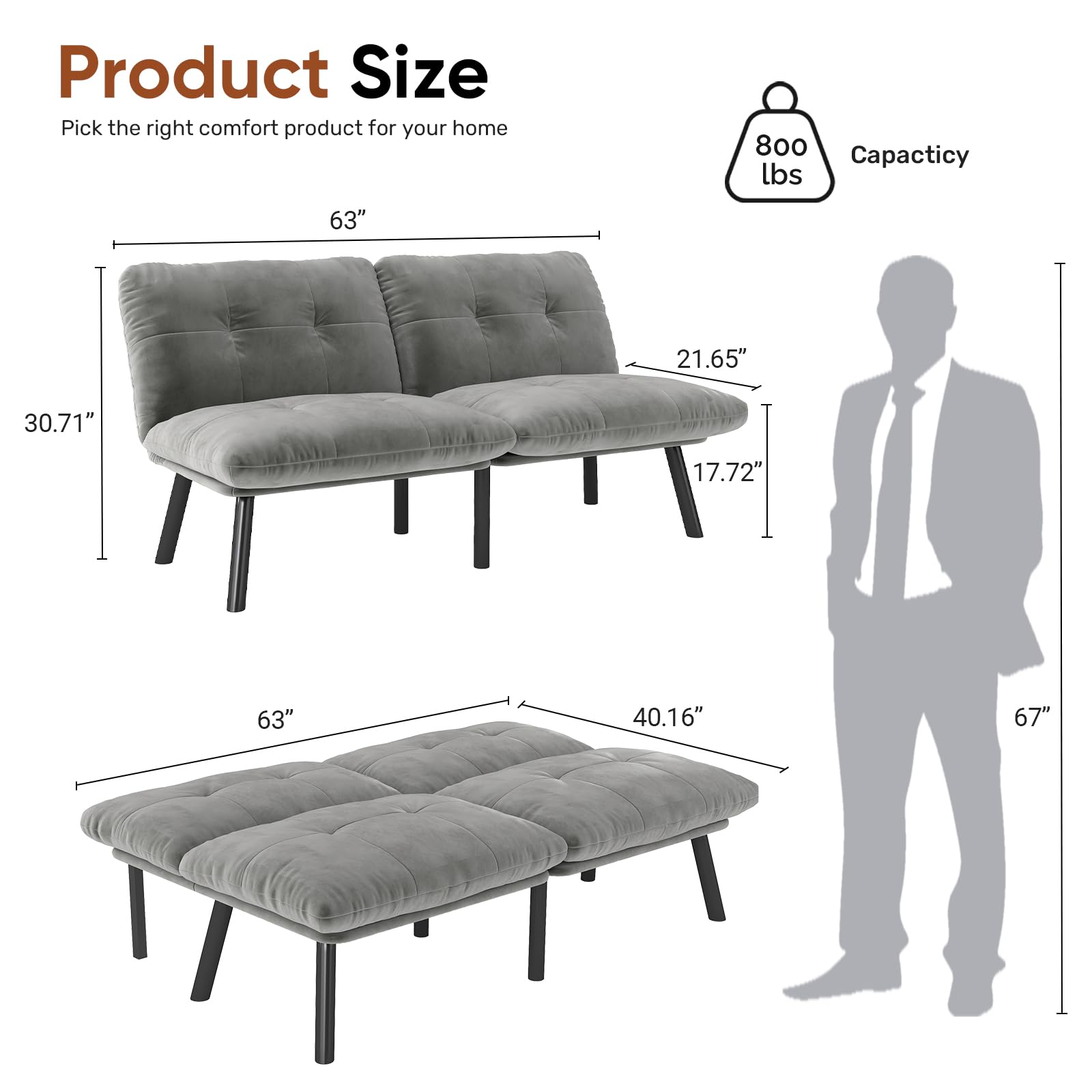 homeokay Futon Sofa Sleeper Couch Bed with Adjustable Backrest Thick Cushion Velvet Fabric for Department Living Room Lounge Sofa Loveseat (Gray)