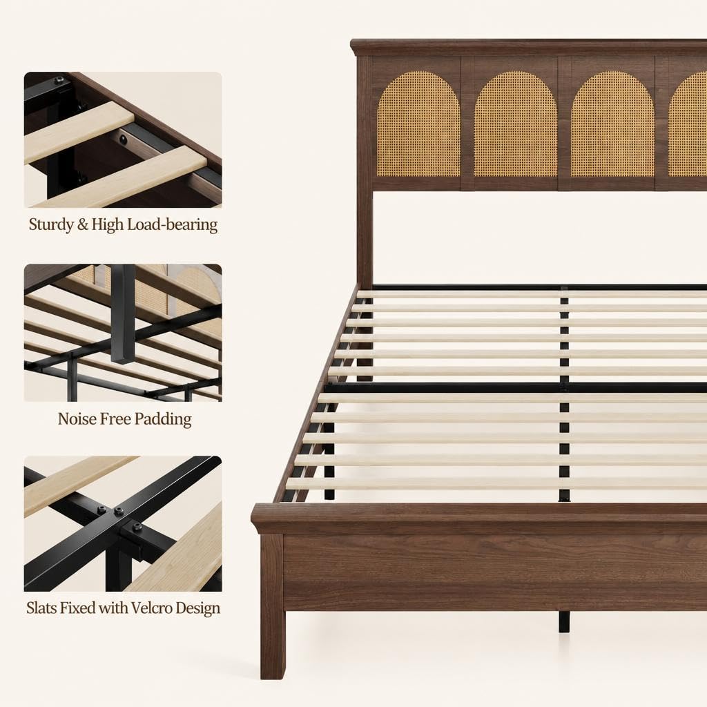 IDEALHOUSE Full Boho Rattan Bed Frame with Headboard and Wooden Platform