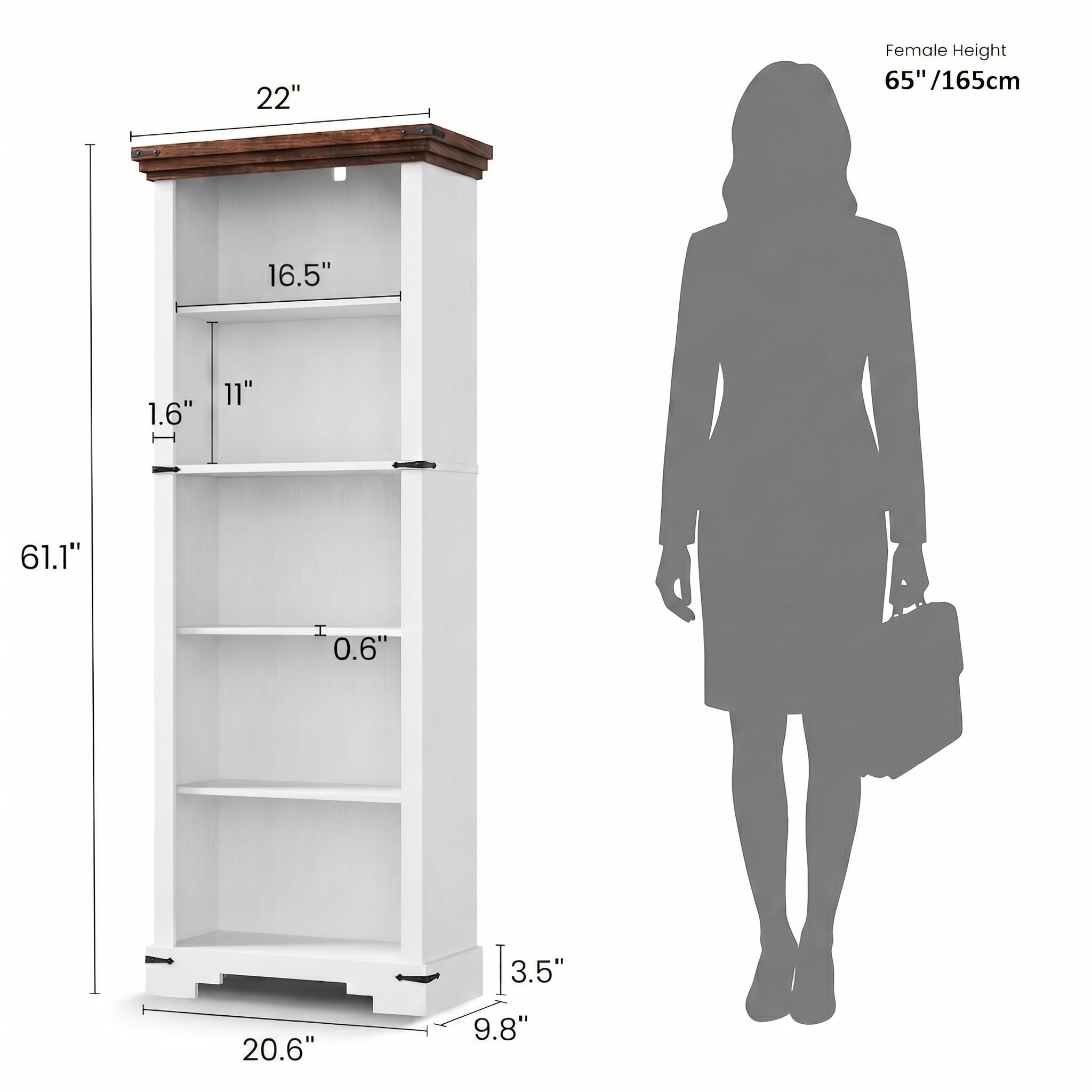 HOTLUU 5-Tier Farmhouse Bookshelf, 61.1 inch Tall Bookcase with Storage & Unique Design & One Adjustable Shelf, Wooden Bookshelf for Study Room, Living Room, Home Office, Bedroom (White)