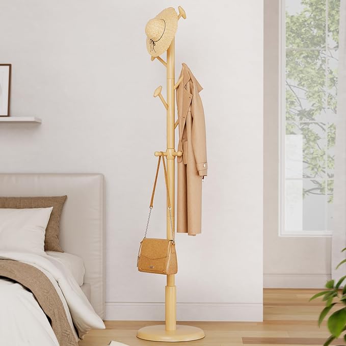 Freestanding Wood Coat Rack with 10 Hooks