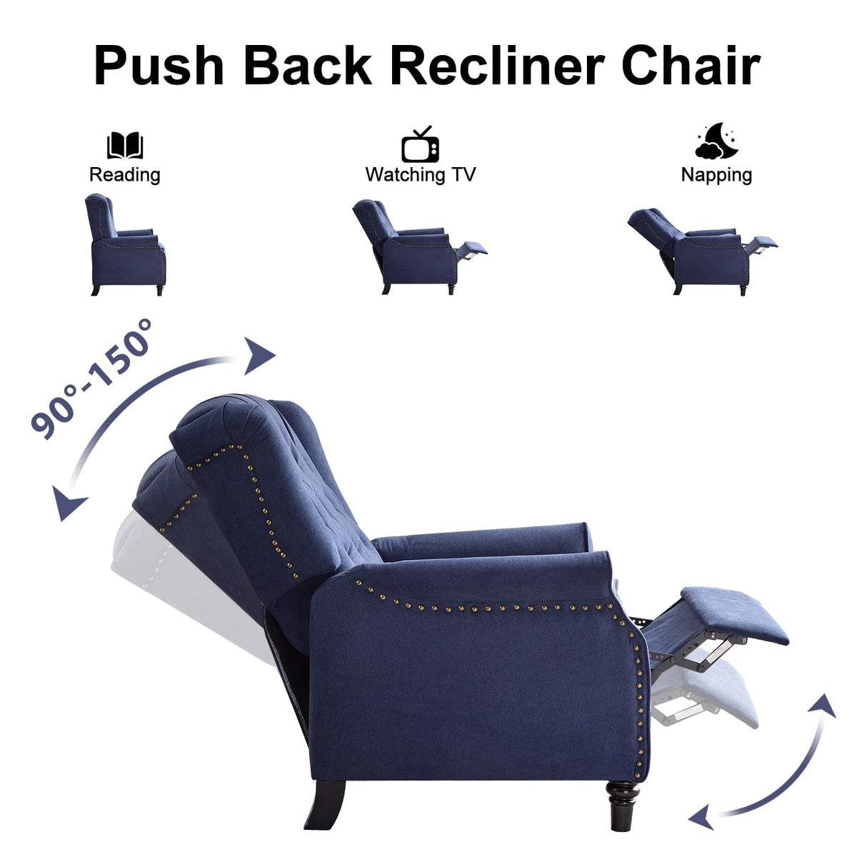 EBELLO Pushback Recliner Chair, Fabric Armchair Push Back Recliner with Rivet Decoration, Single Sofa Accent Chair for Living Room, Bedroom, Navy Blue