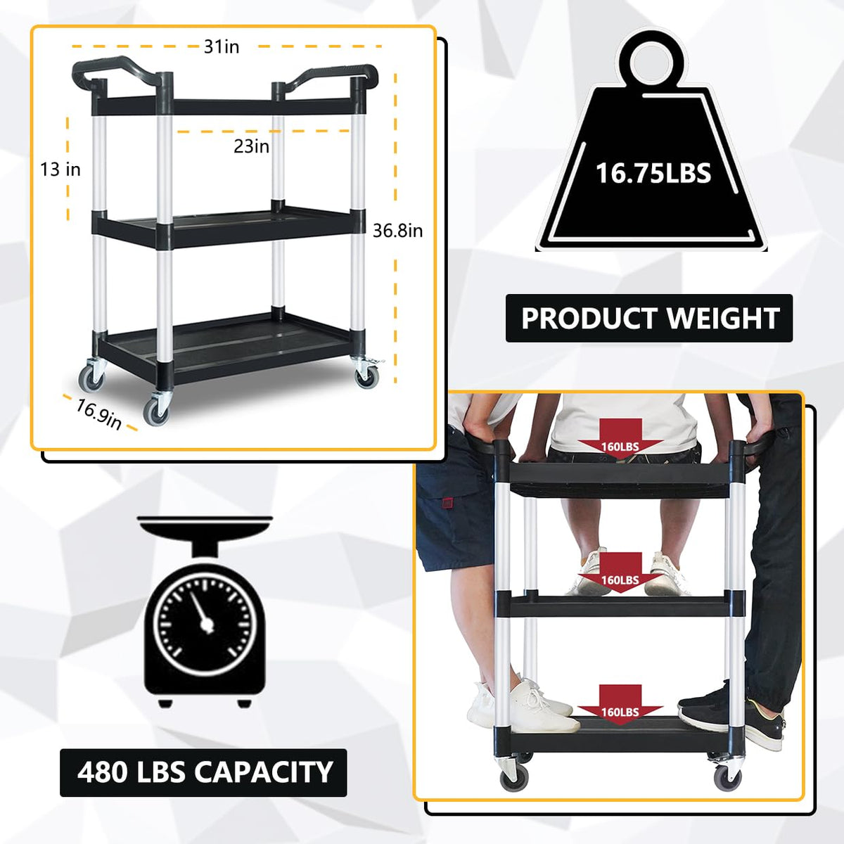 BRLJUNEO Plastic Utility Carts with Wheels, Heavy Duty 510lbs Capacity Rolling Service Cart, 3-Tier Restaurant Food Cart with Hammer for Office, Warehouse, Garage (2 Lockable Wheels, Black)