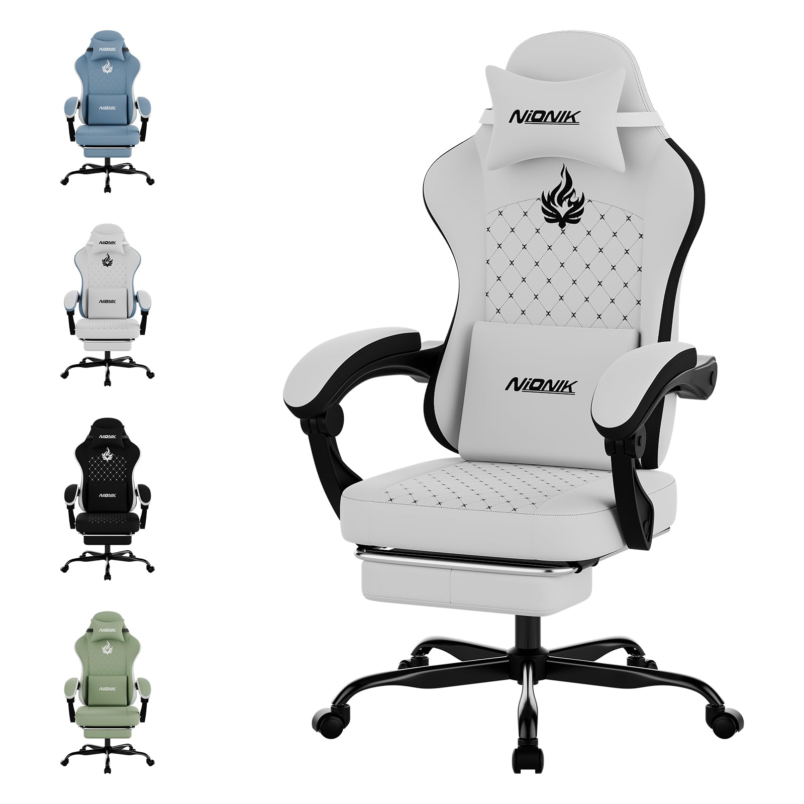 NIONIK Gaming Chair with Massage,Ergonomic PC Gaming Chair Computer Chairs with Footrest Comfortable Headrest and Lumbar Support, High Back WHITEBLACK
