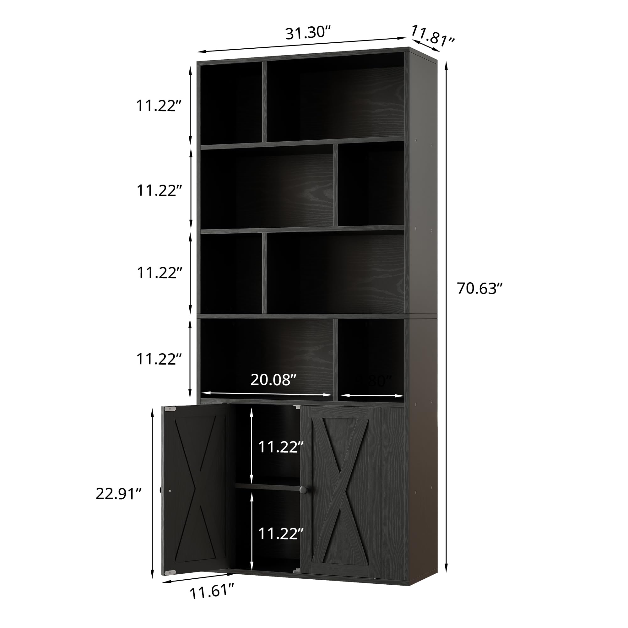 IRONCK Book Shelf, Tall Bookshelf with Storage, Bookshelves and Bookcases with Doors, 4-Tier Bookcase with 8 Open Cubes for Living Room, Office, Study, Black