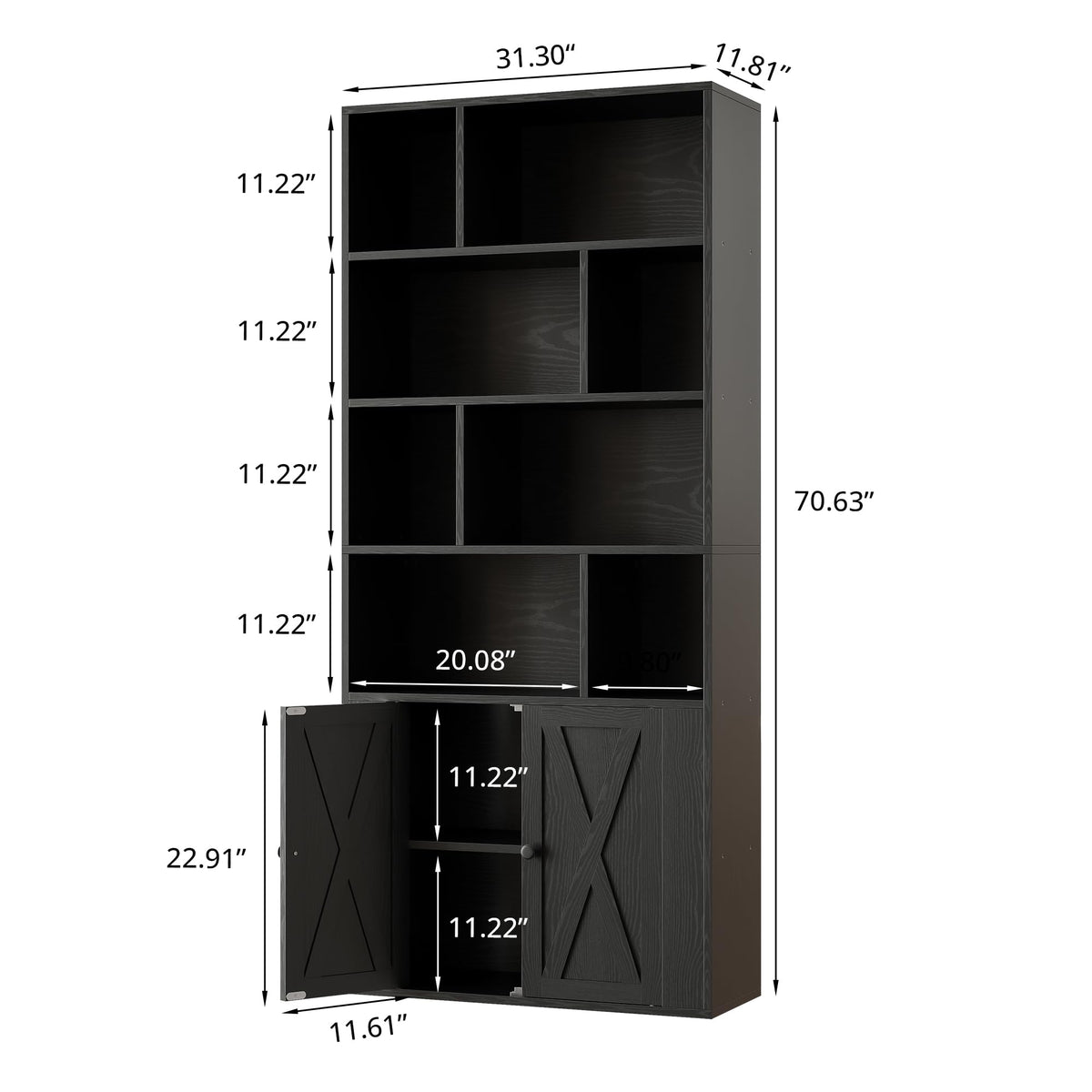 IRONCK Book Shelf 6 Tiers, Bookshelf with Doors 31.3 Inch Wide, Black