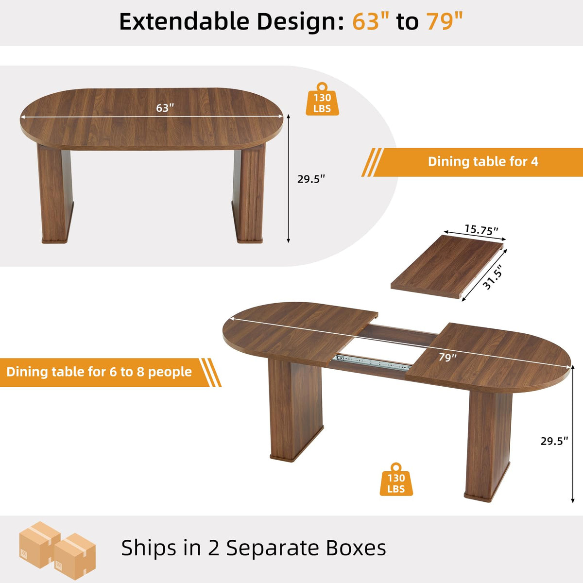 YUFAM 63-79 Inch Extendable Dining Table for 4-8 Oval Wood with Fluted Base