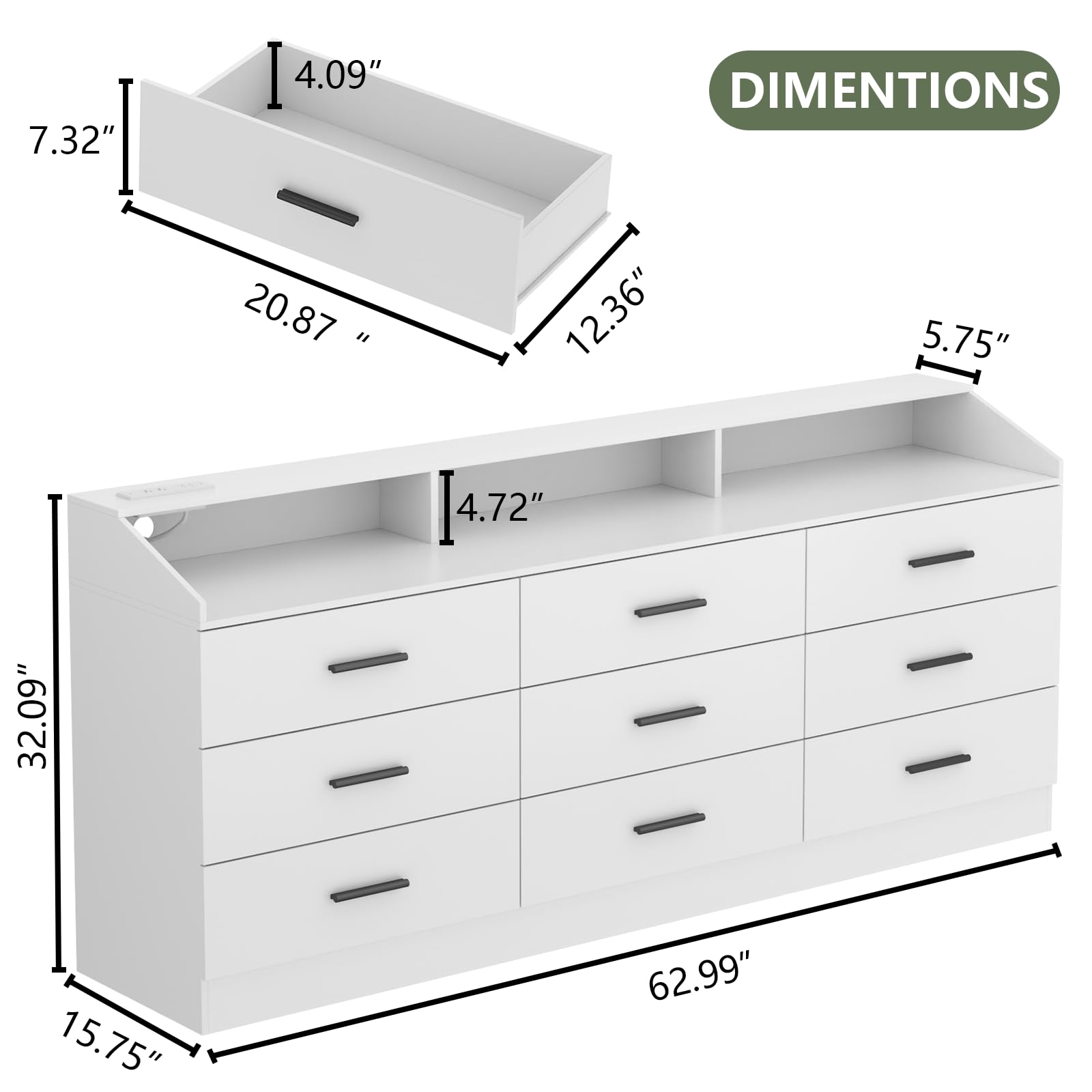 9 Drawer Dressers for Bedroom with Charging Station, Wooden Dresser Wide Dresser with Led Light, 63'' Long Dresser for Closet with Open Cubby, Modern White Bedroom Dresser Triple Wide Chest of Drawers