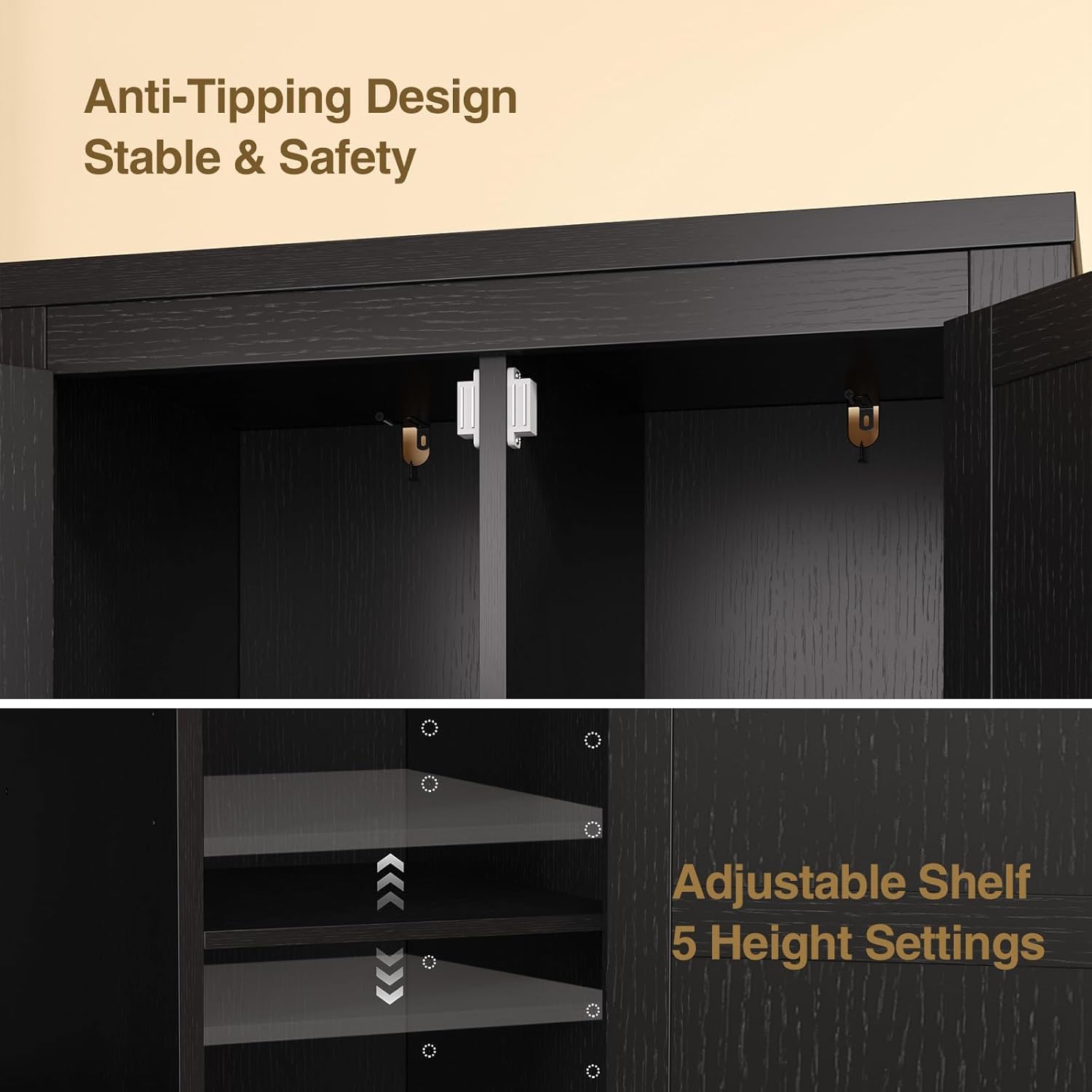 Befrases 47" Kitchen Pantry Cabinet, Farmhouse Kitchen Pantry Storage Cabinets with 2 Door and 2 Adjustable Shelves, Freestanding Cupboard for Dining Room, Living Room, Bathroom (Black)