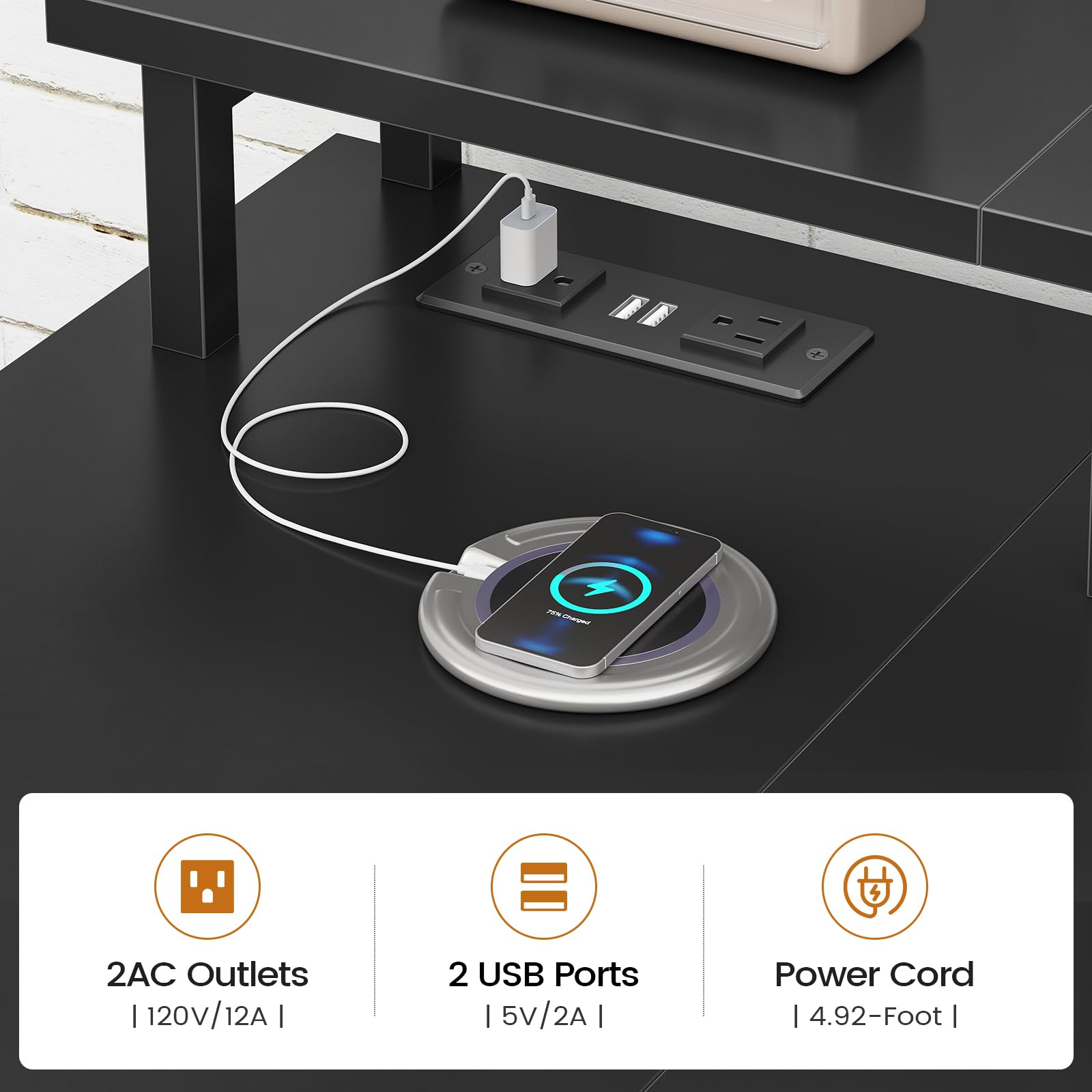 L-Shaped Desk with 4 Drawers, LED Lights & Power Outlet, 47 Inch