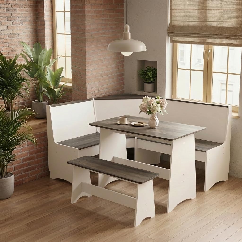THE CARY C Farmhouse Breakfast Nook Table Set, Dining Nook Set with Corner Bench,with Storage Function Mid Century Modern Small Dining Table Set, Kitchen Table Corner Set (Gray + White)