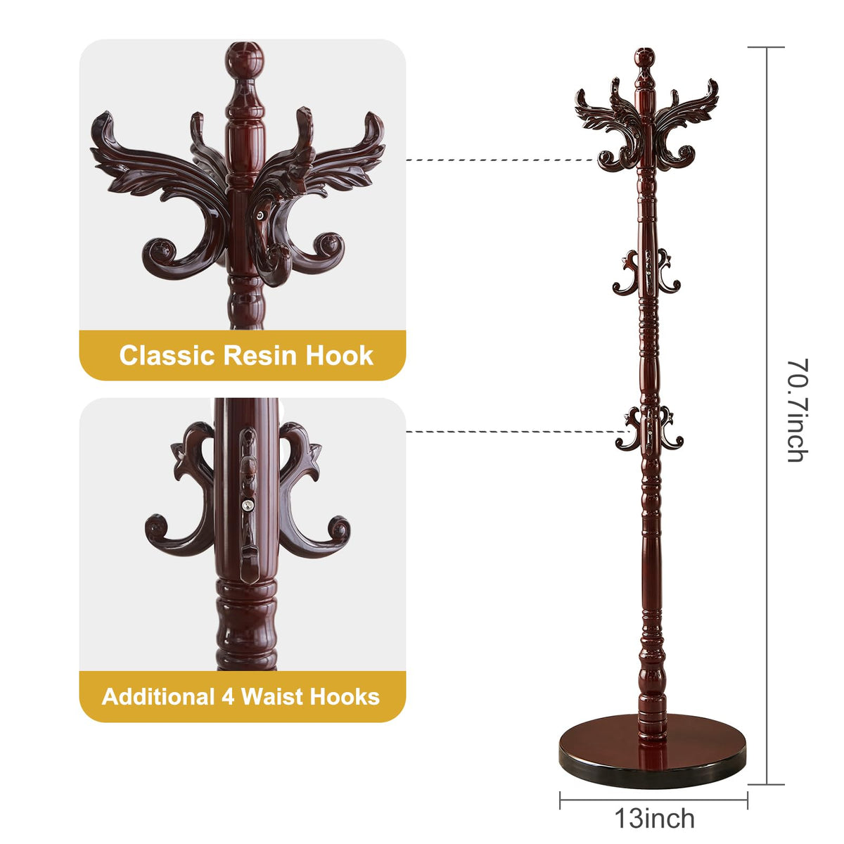 Snaikor Wooden Coat Rack Freestanding with Stable Round Base 14 Hooks