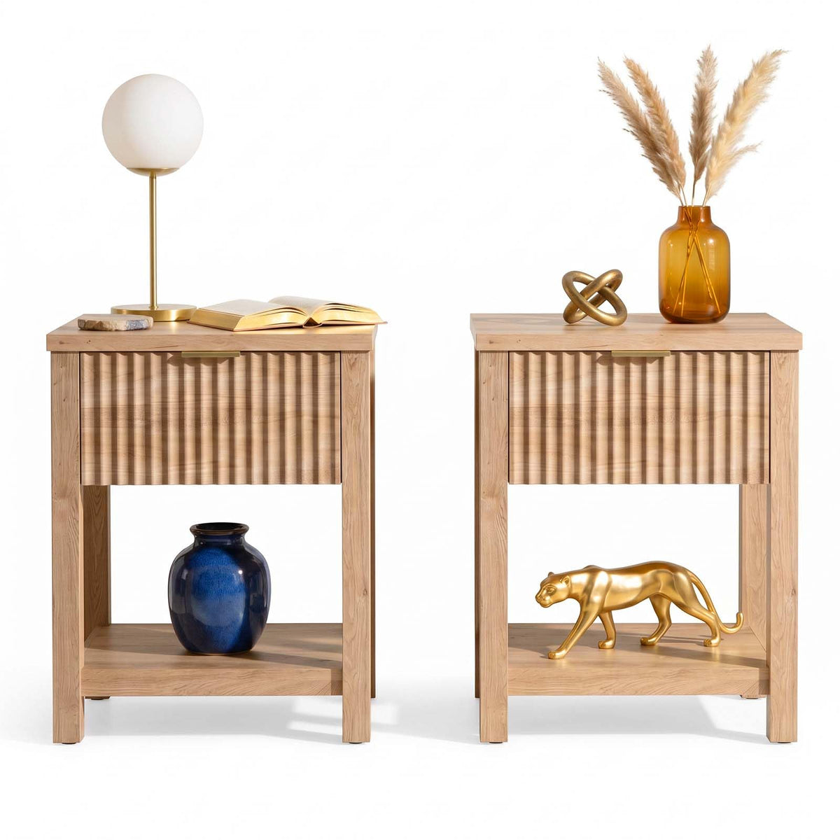 TROJM Fluted Nightstand Set of 2 with Drawer and Open Shelf,Oak