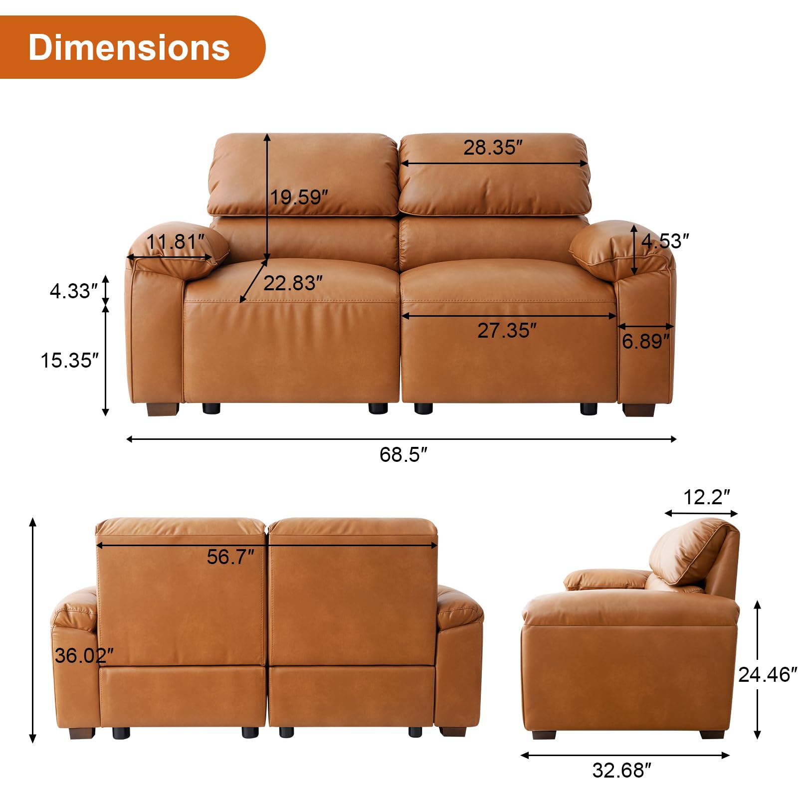 PU Leather Loveseat Sofa with Deep Seats & Wide Arms
