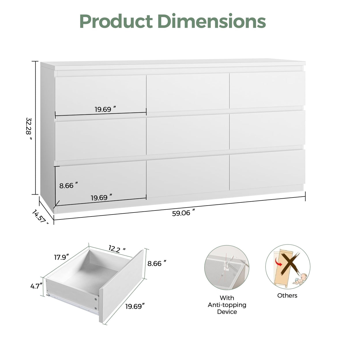 Jocoevol Modern 9 Drawer Dresser for Bedroom, Simply Chest of Drawers, Wood Storage Dresser with Deep Drawers for Living Room Hallway Entryway (White)