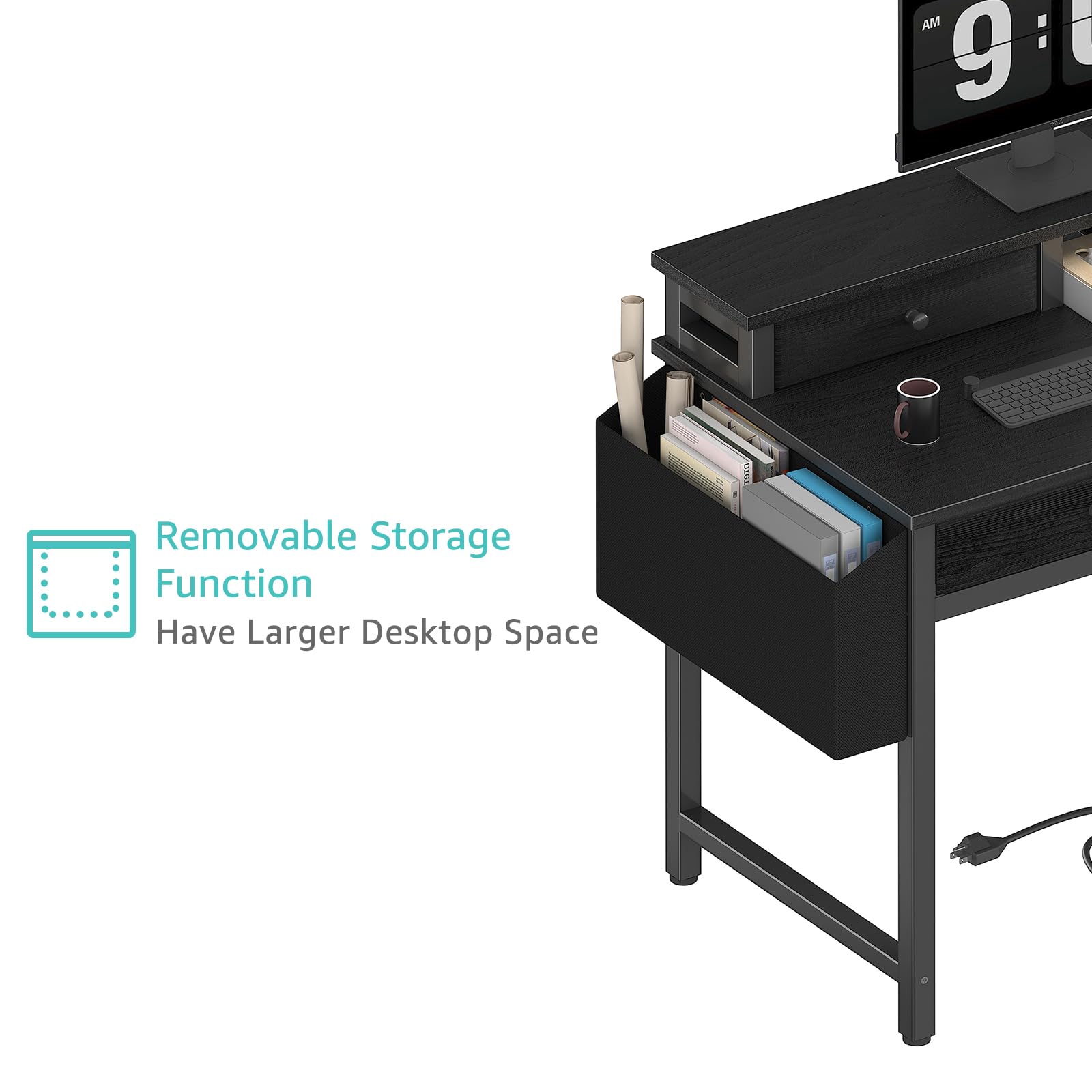 Small Desk with Drawers, Power Outlet & Monitor Stand, 31 Inch