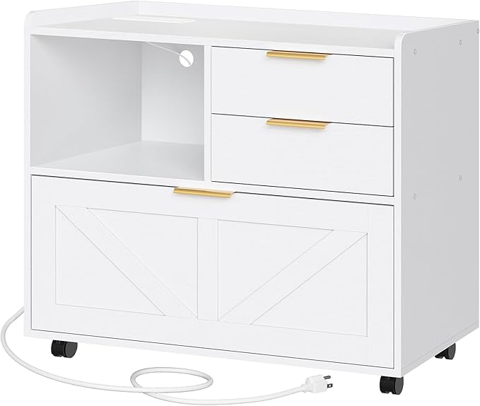 Lateral File Cabinet with Charging Station & Rolling Casters