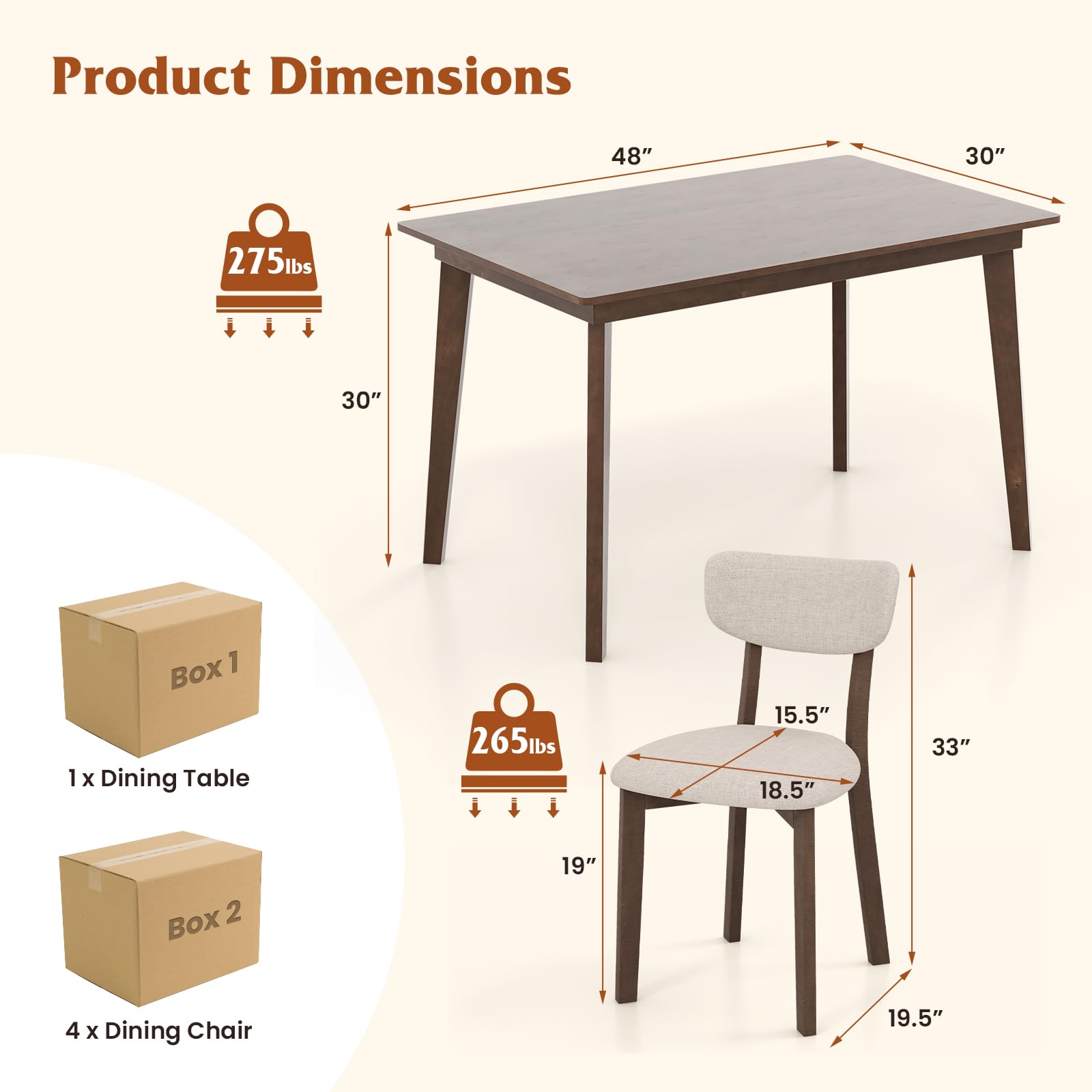 5-Piece Farmhouse Dining Table Set with 4 Upholstered Chairs