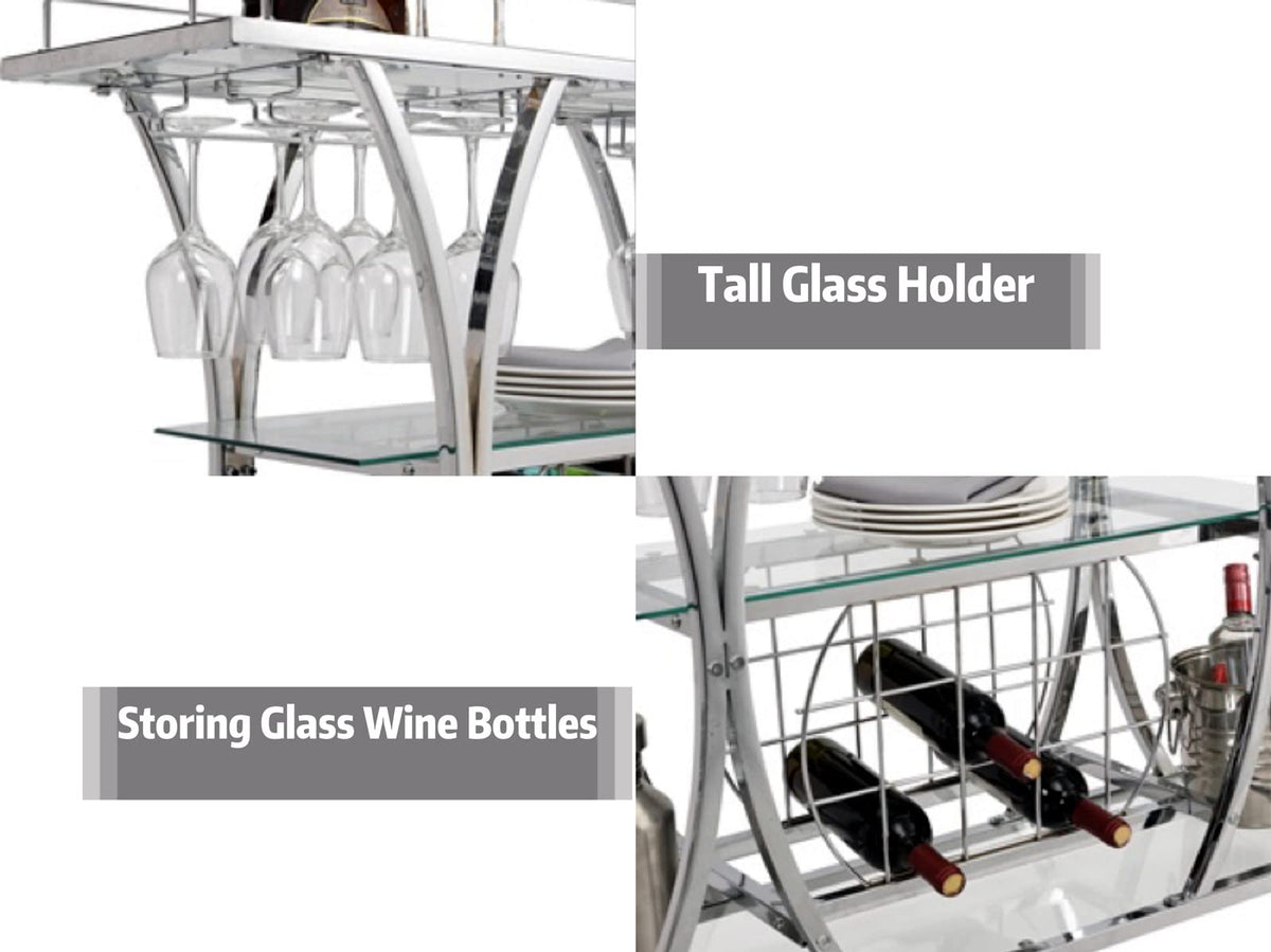 FABOMEI Silver Bar Carts with Glass Holders & Wine Rack, 3 Tier Home Bar Serving Carts with Glass Shelves, Metal Rolling Bar Carts for The Home Kitchen, Party
