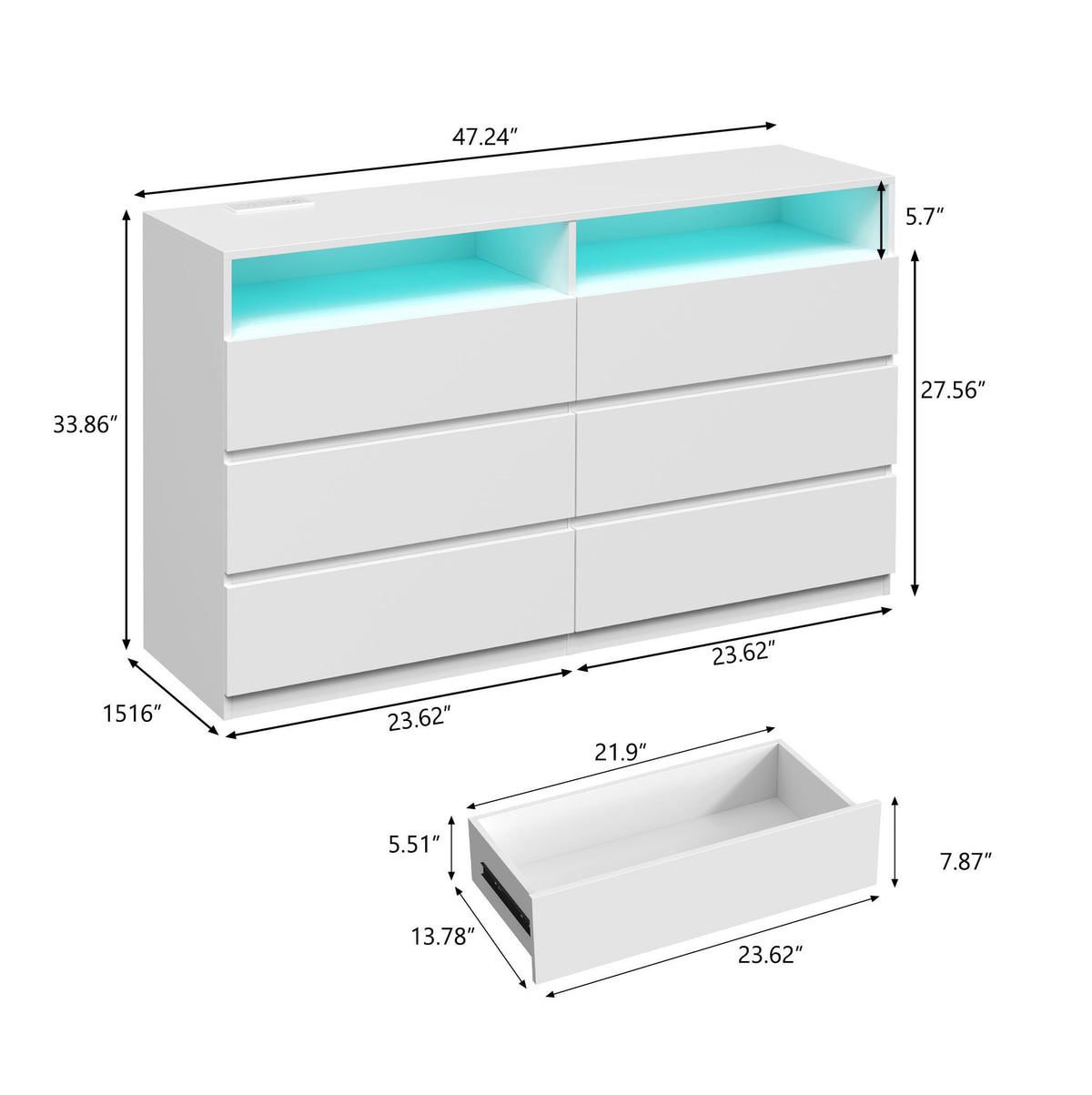 Vipbear 6 Drawer Dresser with 2 Shelves & RGB Lights & Power Outlets