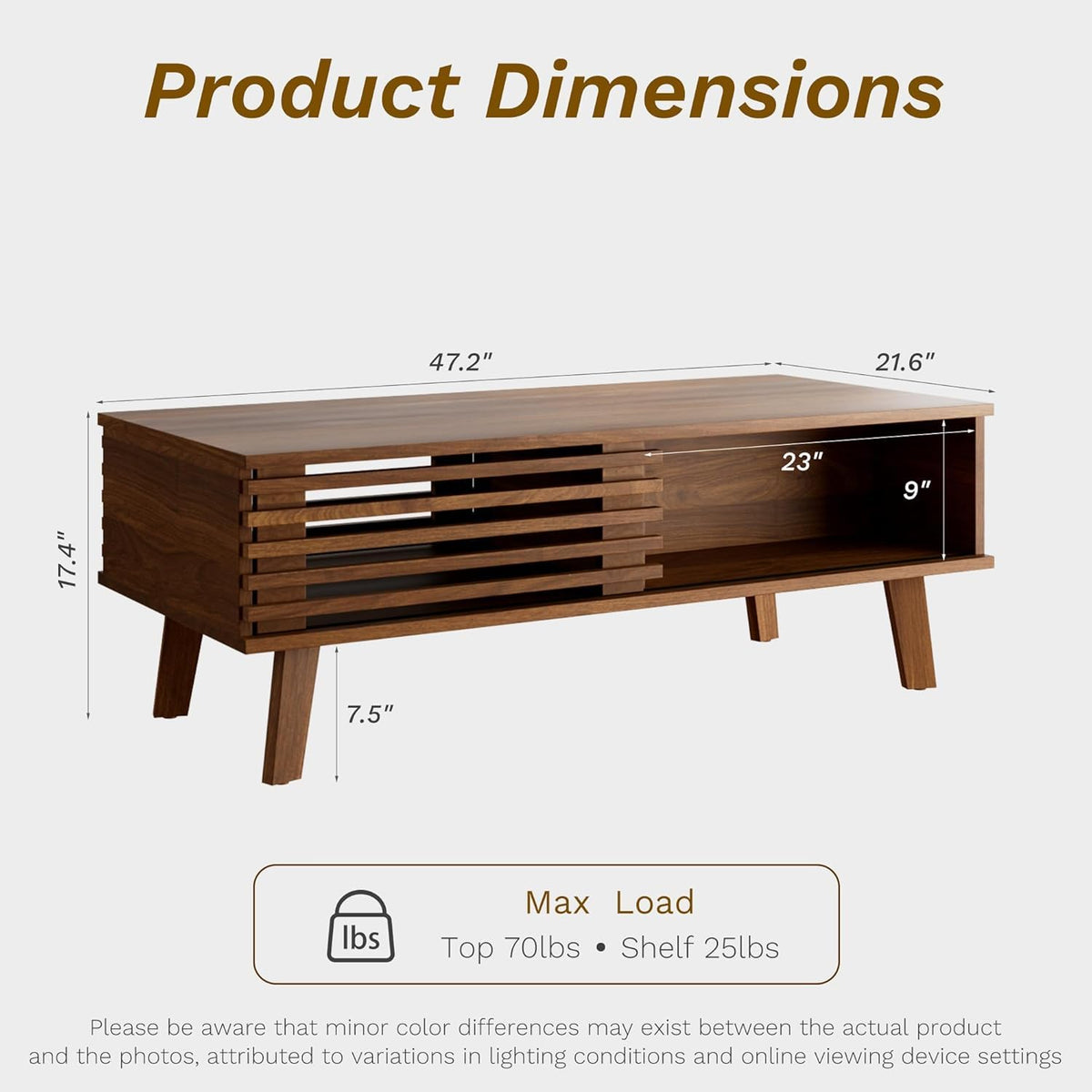Furniway Mid Century Coffee Table Set, Living Room Table Set of 3 with Sliding Door Storage, Coffee Table and 2 End Tables, Walnut