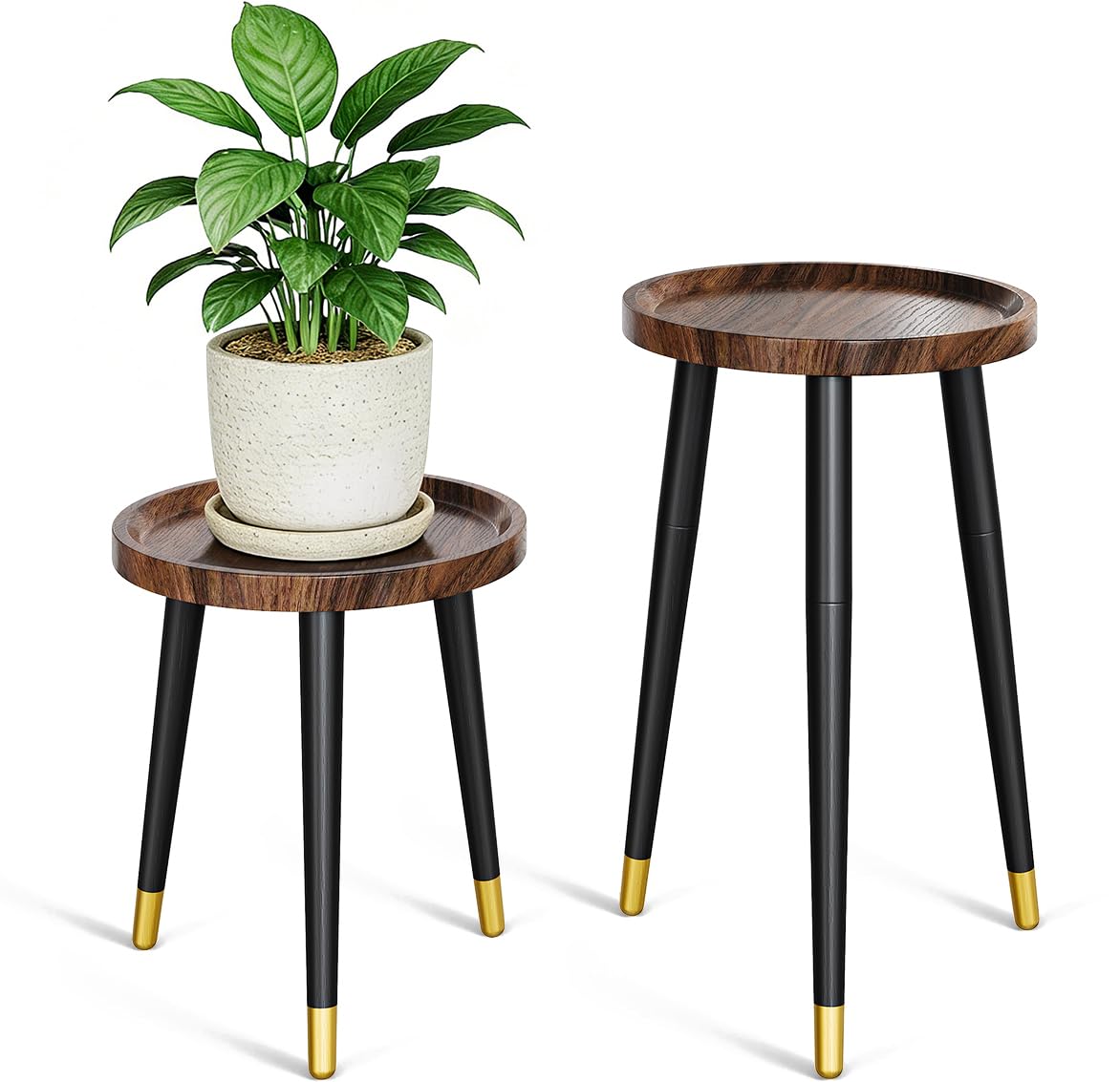 AZADESJET Plant Stand Indoor 2 Pack, Mid Century Wood Indoor Plant Stands, Tall Plant Holder for Flower Pot, Modern Plant Table Round Side End Table With Raised Design, Walnut, 11.7"x18.8" & 11.7"x13"