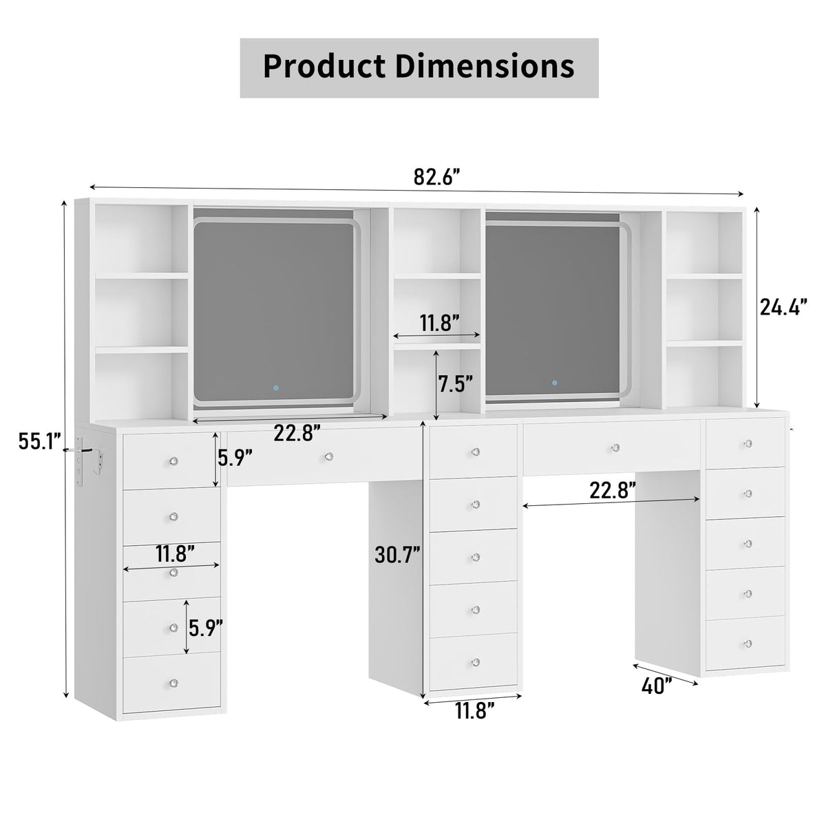 2 Person Vanity Desk with Mirror and Lights, Power Outlet, White