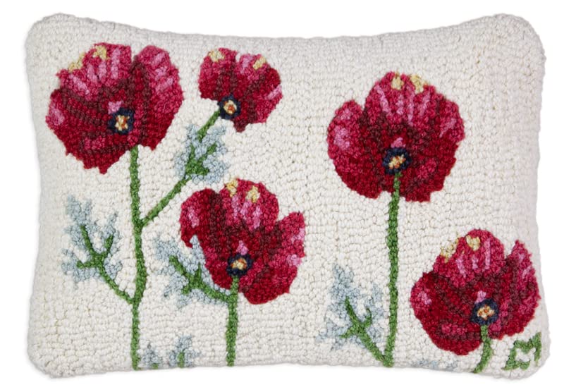 Hand-Hooked Wool Throw Pillow – Poppy Profusion, 14" x 20"