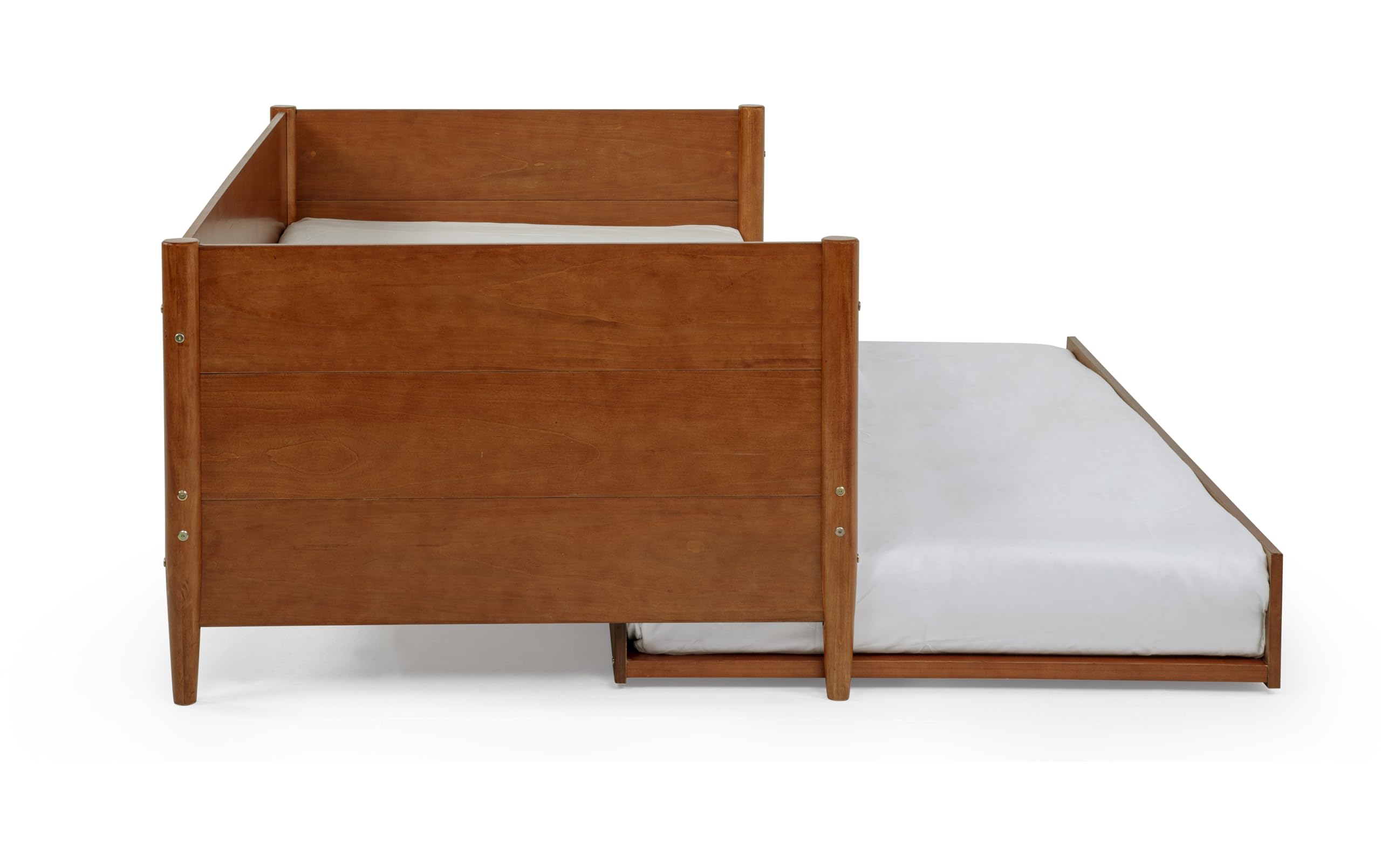 Camaflexi Mid-Century Modern Daybed & Trundle/Solid and Manufactured Wood/Panel Headboard/No Box Spring Needed/Foundation has 14 Wood Slats/Twin Trundle/Easy Assembly, Castanho Finish, Twin.