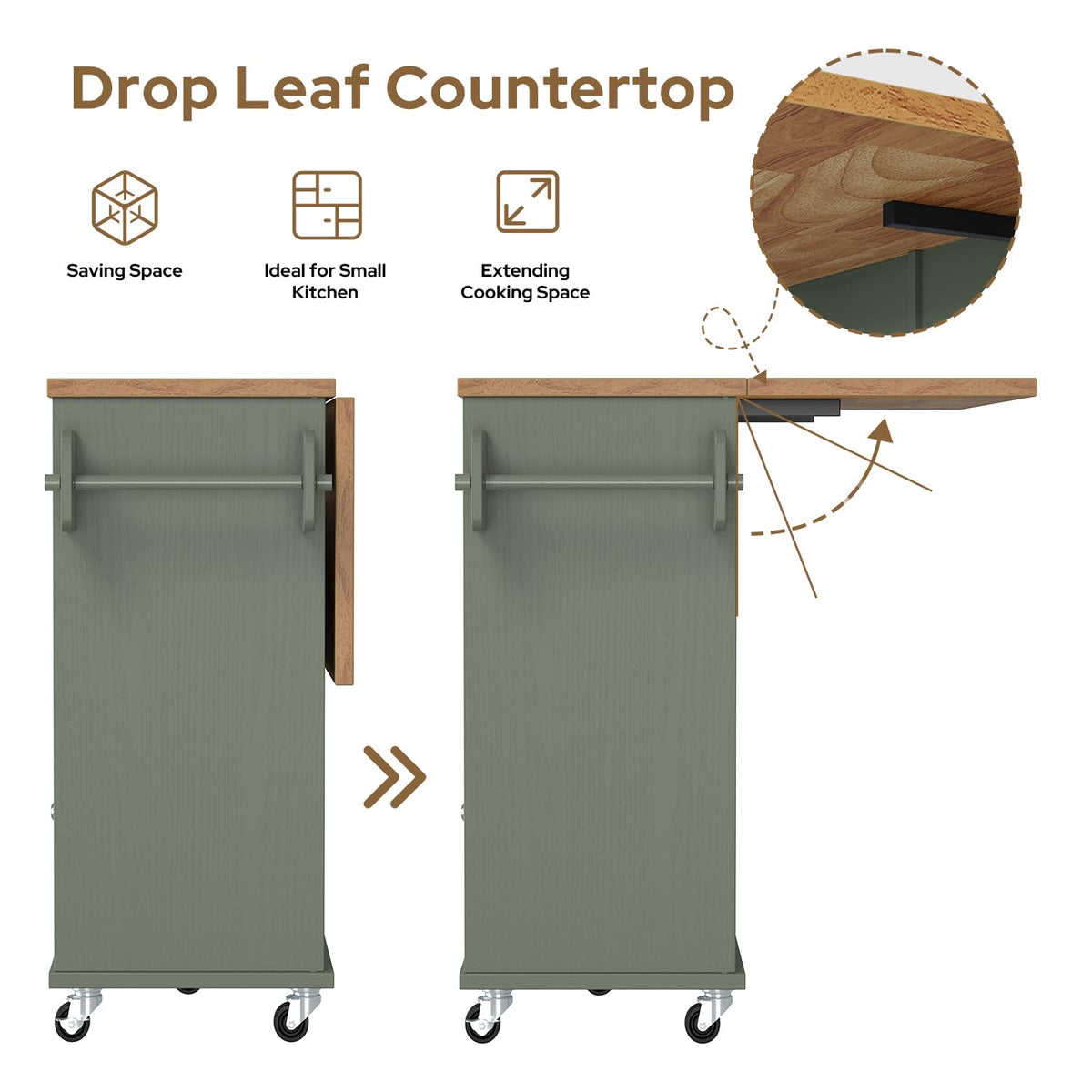 knoworld Rolling Kitchen Island with Storage Cabinet, 41.3'' Width Kitchen Cart with Desktop Drop Leaf Countertop, Portable Mobile Island with Towel Rack, Spice Rack Shelf and Lockable Wheels, Green