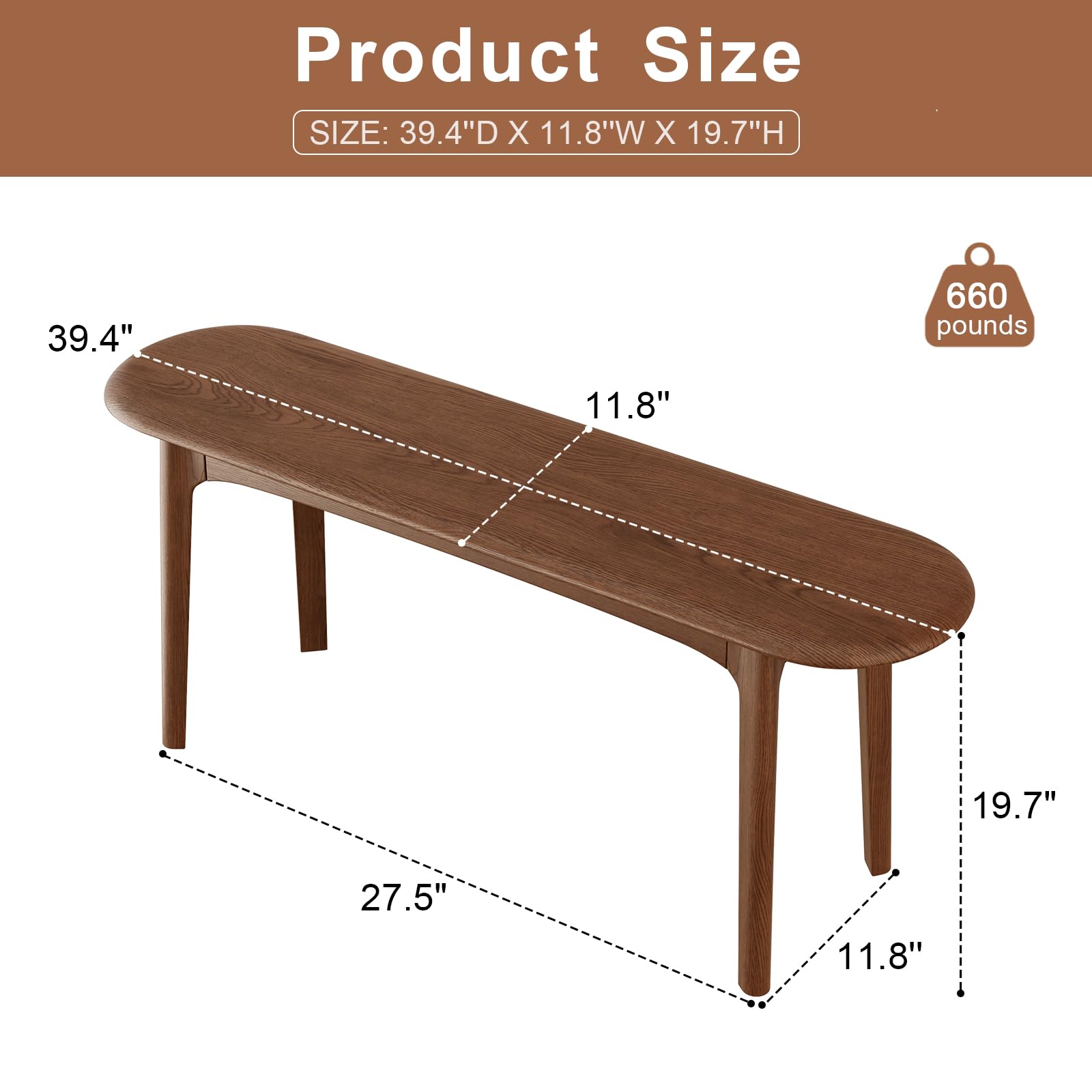 DONGMUWUEJEE 100% Solid Wood Dining Bench, Wood Bench for End of Bed with Rounded Corners, Entryway Benches for Farmhouse, Kitchen, Living Room and Plant Stand (Walnut, 39.4" D x 11.8" W x 19.7" H)