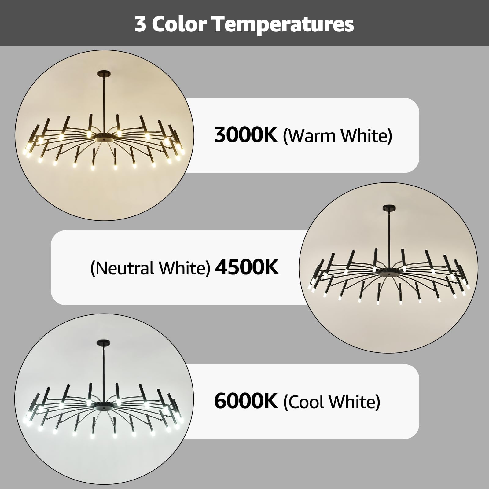 EGM 53 Inch Black Modern Chandelier, 20-Light Mid Century Sputnik Ceiling Light Fixture with G9 Bulbs, Large LED Chandeliers for Bedroom Dining Room, Round Pendant Light for Kitchen Island Foyer