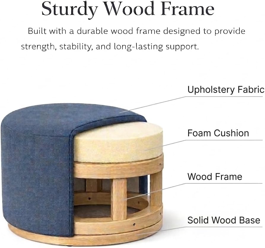 Round Upholstered Ottoman with Wood Base