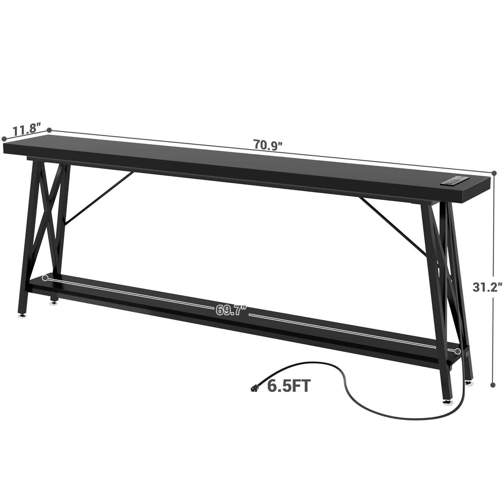 Homieasy 70.9 Inch Extra Long Console Table, Industrial Sofa Table Behind Couch with Charging Station & Storage Shelf, Entryway Table for Living Room & Entryway, Black