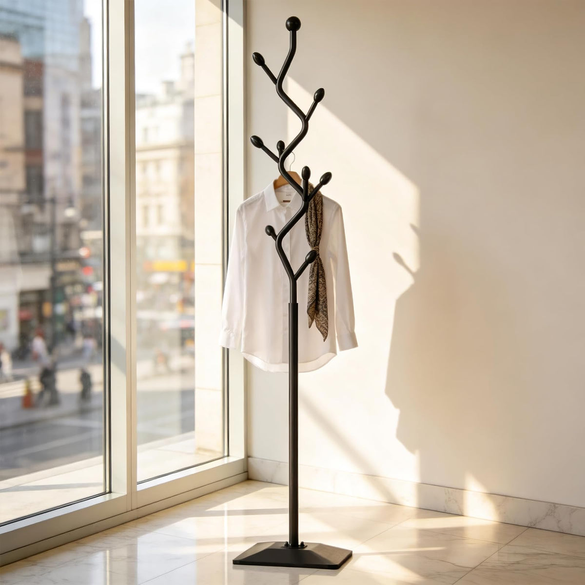 BUZUEY Coat Rack Freestanding Metal Tree Coat Rack Stand with Hooks, Modern Standing Hat Rack for Entryway Hallway Bedroom Office (black)