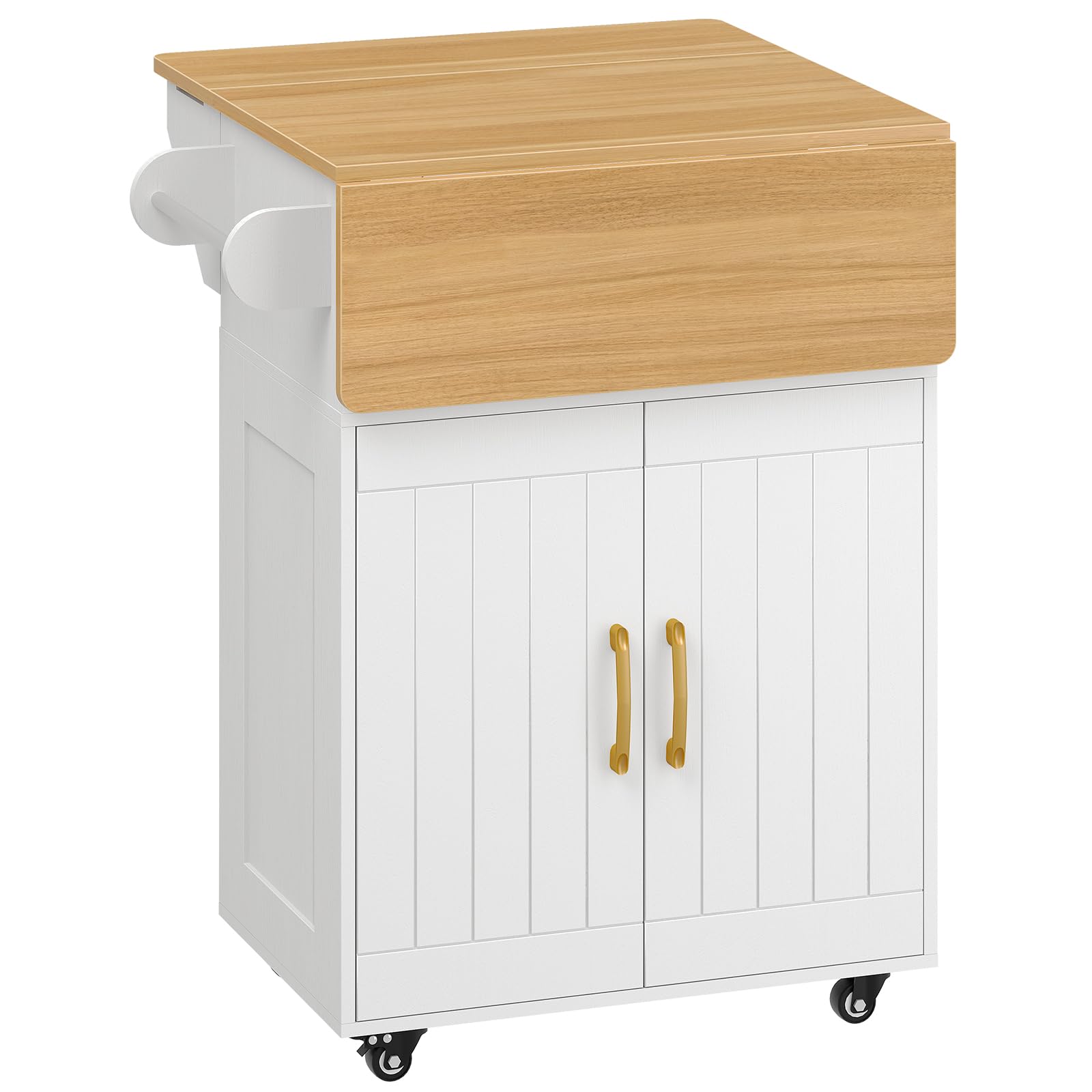 MAHANCRIS Kitchen Island on Wheels, Rolling Island Cart with Drop Leaf, Mobile Kitchen Island with Storage, Kitchen Island Table with Adjustable Shelf and Hooks, for Kitchen White and Natural KIBN9801