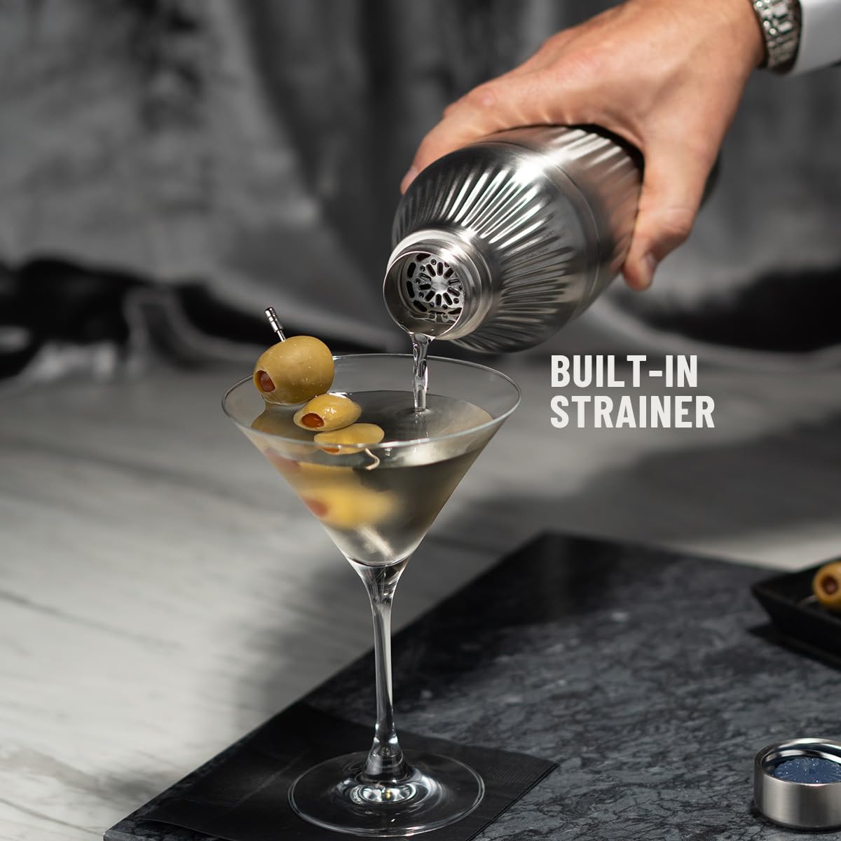 Elevated Craft Diamond Edition Hybrid Cocktail Shaker Set - Premium Vacuum Insulated Stainless Steel, 28 oz, Includes Built-in Strainer, Precise Measuring Top & XL Polishing Cloth - Martini Shaker