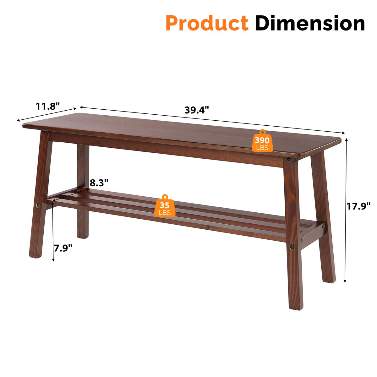 VINGLI Wood Dining Bench with Lower Shelf, Farmhouse Entryway Bench, Walnut