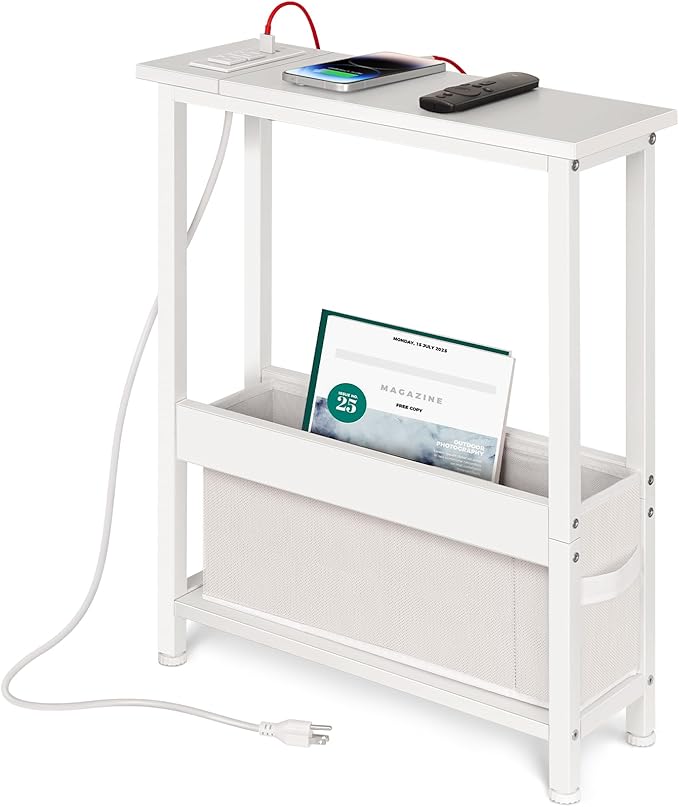Narrow Side Table with Charging Station and Storage Drawer