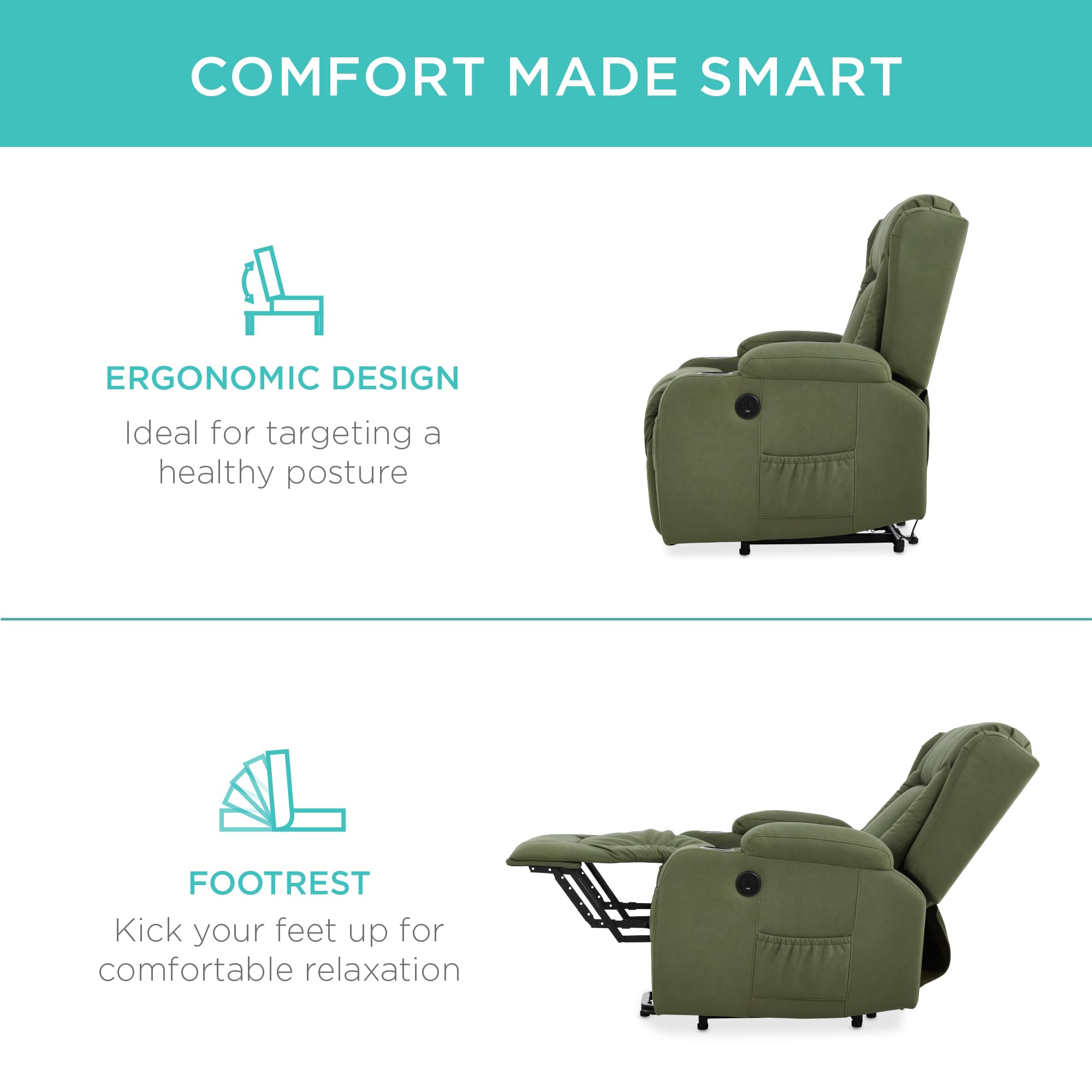 Best Choice Products PU Leather Electric Power Lift Chair, Recliner Massage Chair, Adjustable Furniture for Back, Legs w/ 3 Positions, USB Port, Heat, Cupholders, Easy-to-Reach Side Button - Olive