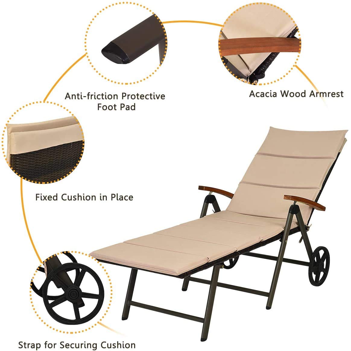 HAPPYGRILL Patio Chaise Lounge with Adjustable Backrest and Soft Cushions Folding Recliner Wicker Lounger Chair with Wheels