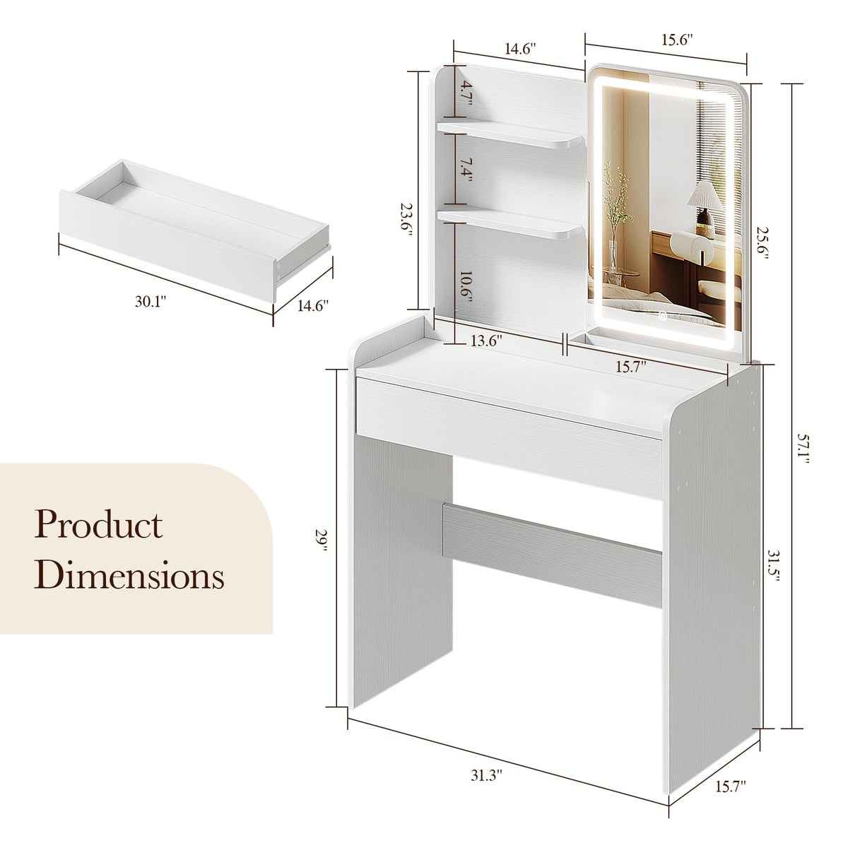 Memobarco White Small Makeup Vanity Desk with Drawer & Storage Shelves