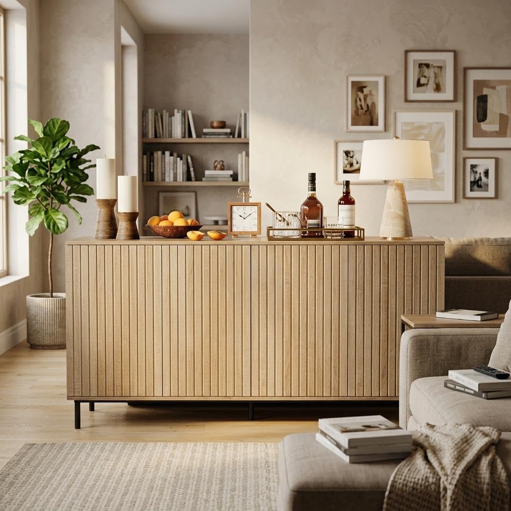 IDEALHOUSE 63" Fluted Sideboard Buffet Cabinet with 4 Doors and Adjustable Shelves, Modern Accent Storage Cabinet Coffee Bar Console Table Credenza with Metal Legs for Dining Room Living Room