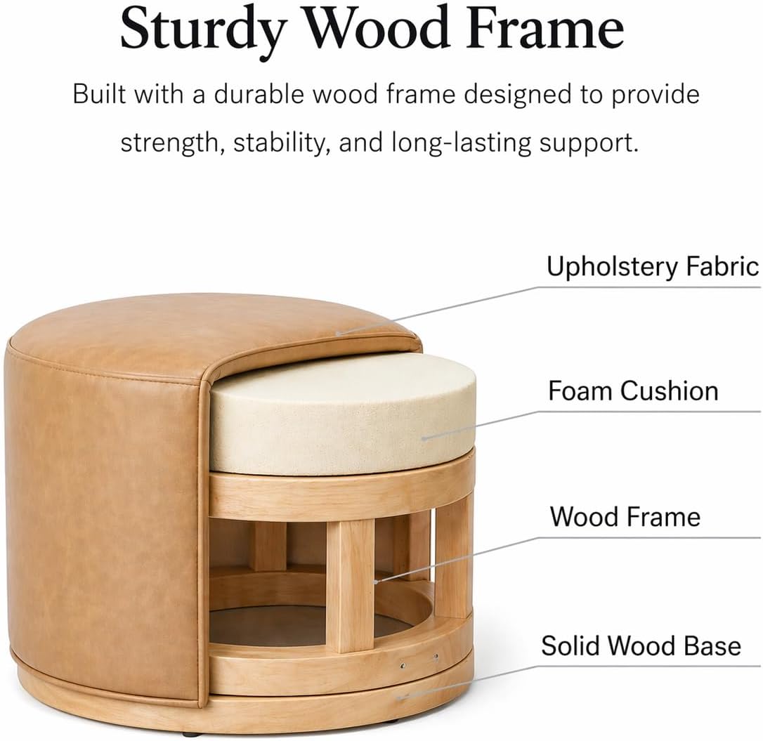 Spatial Order Faux Leather Ottoman with Wooden Base – 22” Round Upholstered Footrest, Sand Faux Leather, Modern Accent Stool for Living Room & Bedroom
