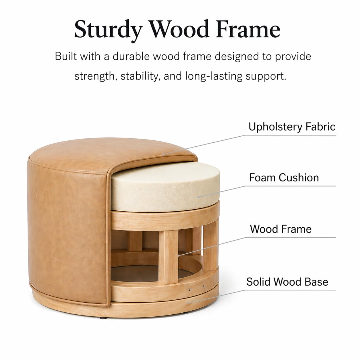 Spatial Order Faux Leather Ottoman with Wooden Base – 22” Round Upholstered Footrest, Sand Faux Leather, Modern Accent Stool for Living Room & Bedroom