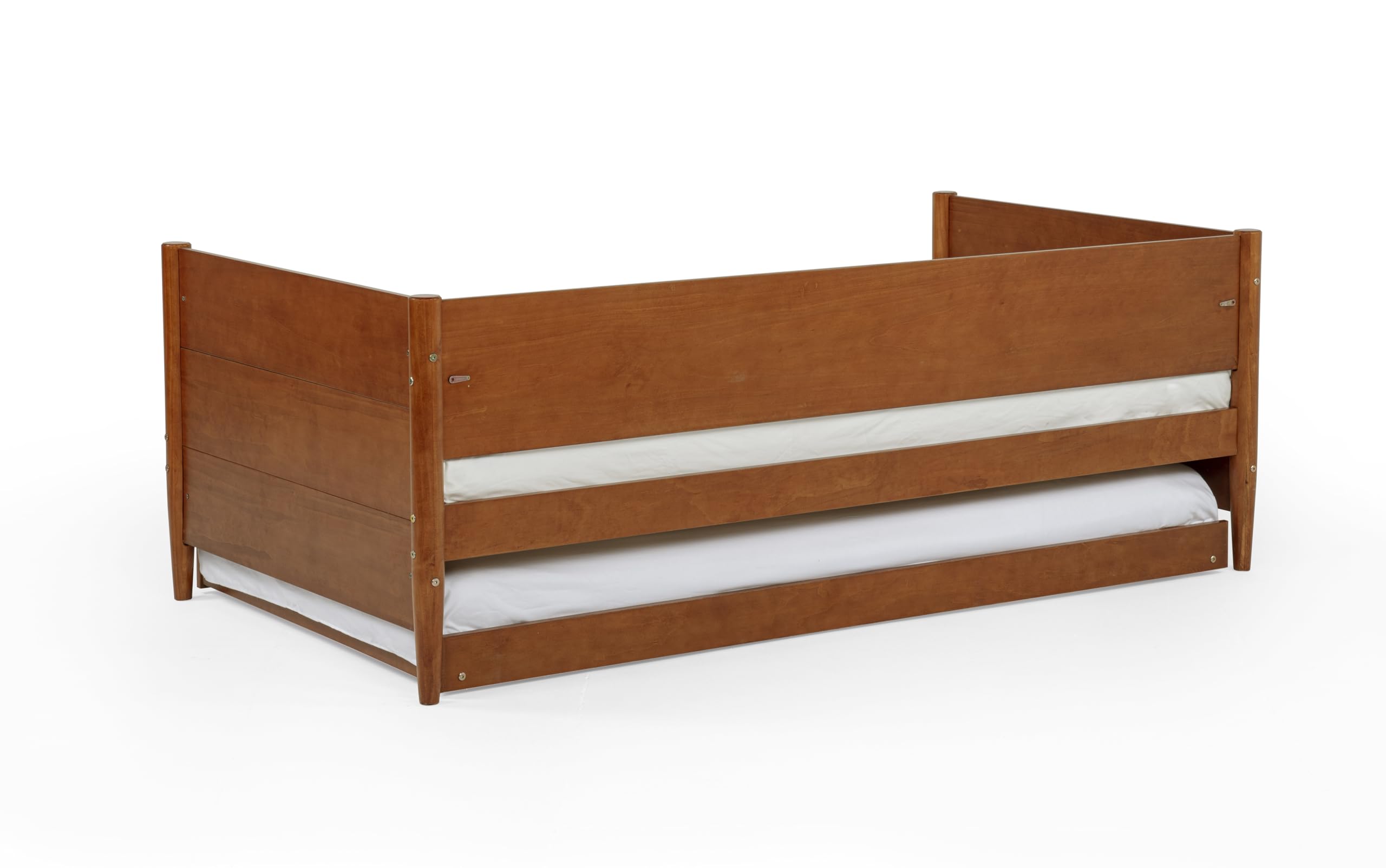 Camaflexi Mid-Century Modern Daybed & Trundle/Solid and Manufactured Wood/Panel Headboard/No Box Spring Needed/Foundation has 14 Wood Slats/Twin Trundle/Easy Assembly, Castanho Finish, Twin.